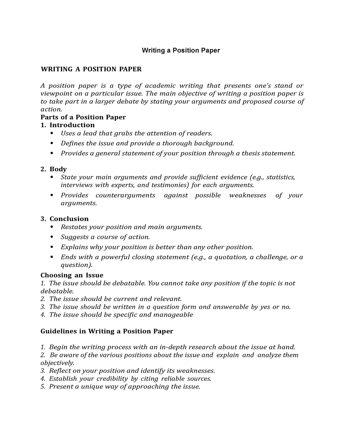a position paper is an essay that expounds a