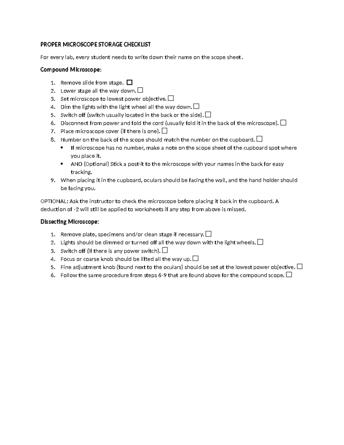 Proper Microscope Storage Checklist - PROPER MICROSCOPE STORAGE ...