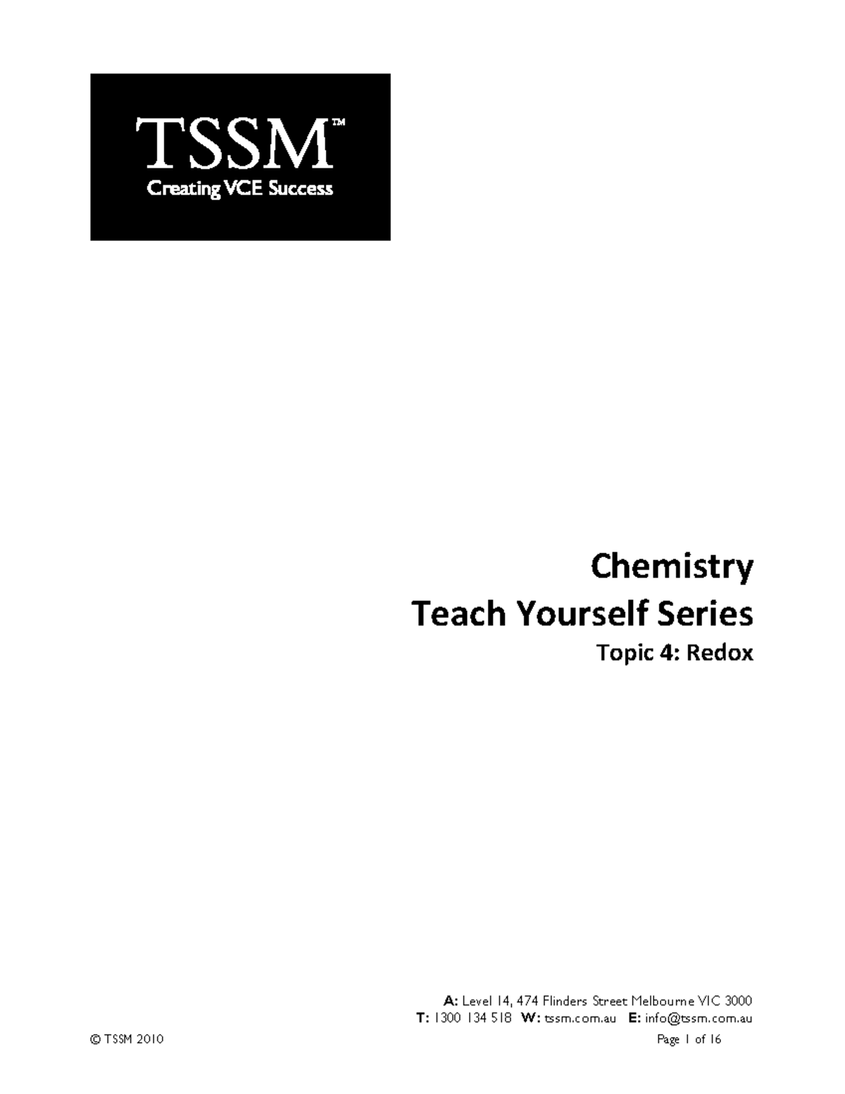 TSSM- Redox - Chemistry Teach Yourself Series Topic 4: Redox A: Level ...