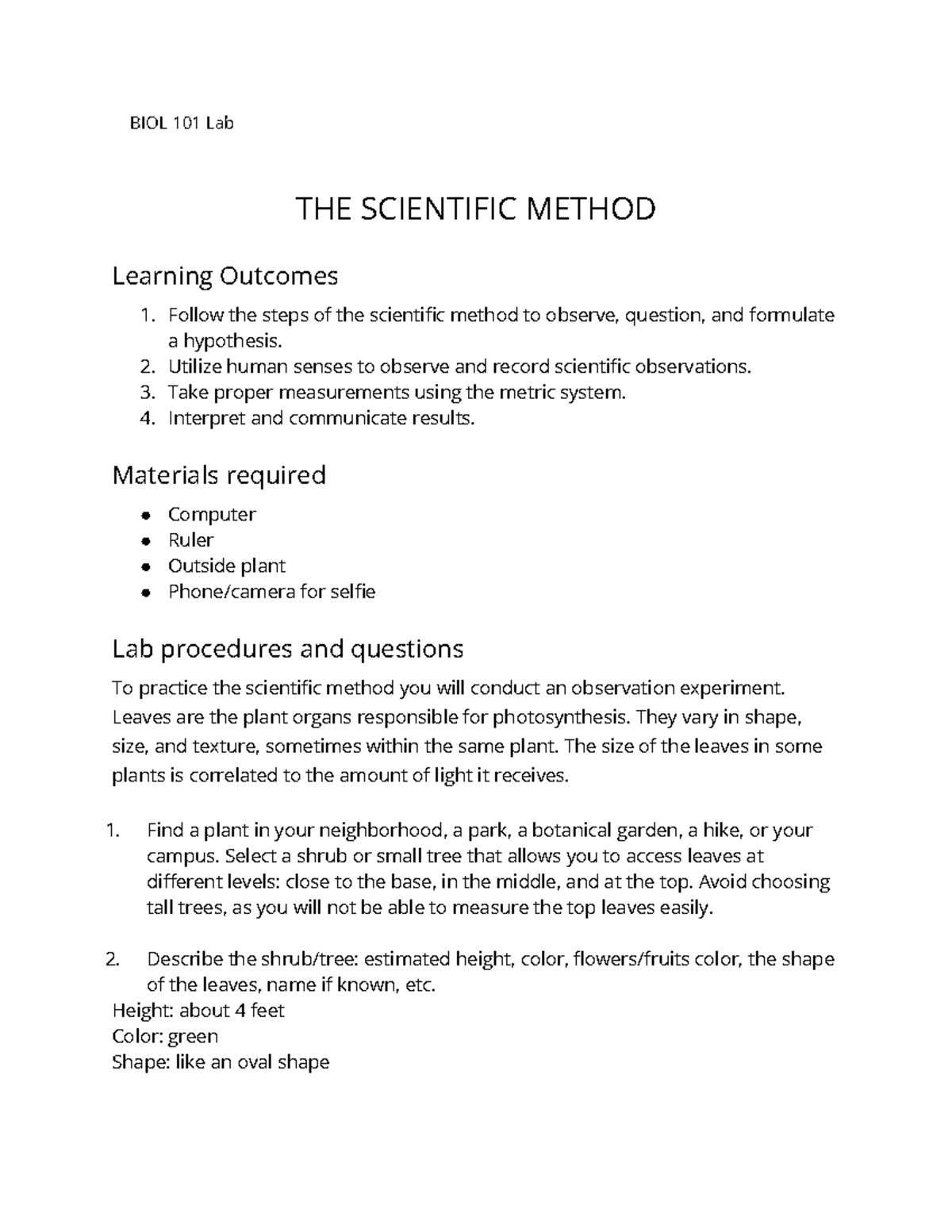 Copy of Worksheet 1 - The scientific method - BIOL 101 Lab THE ...