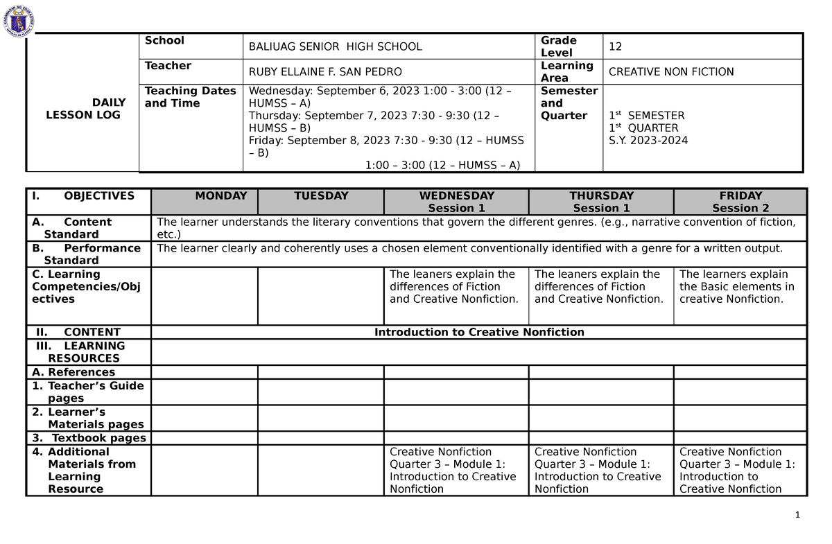 DLL2 OC Sept 4 8 2023 - DLL for CNF - DAILY LESSON LOG School BALIUAG ...