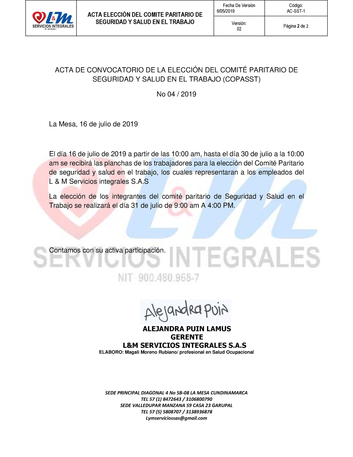 ACTA DE Convocatorio DE LA Elección DEL Comité Paritario DE Seguridad Y ...