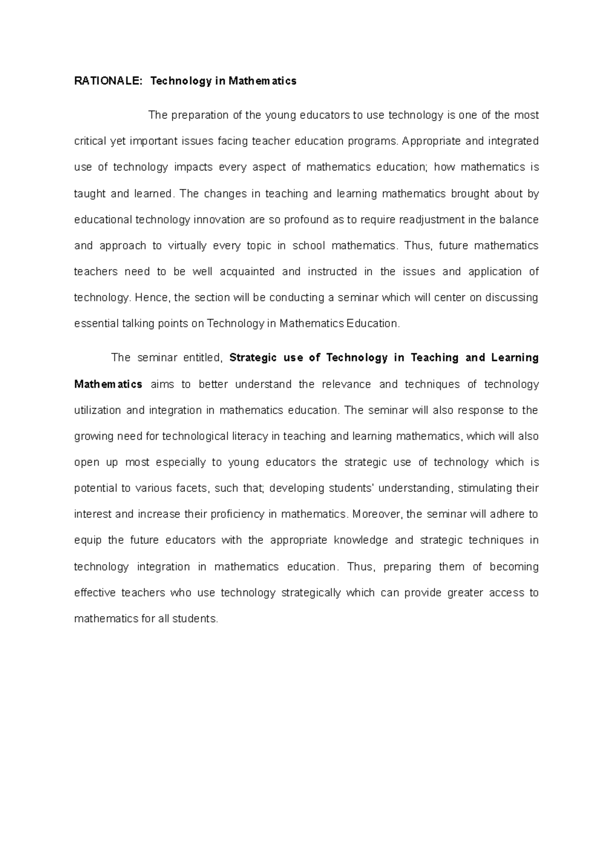 Techmath (Technology and Mathematics (Rationale) - RATIONALE ...
