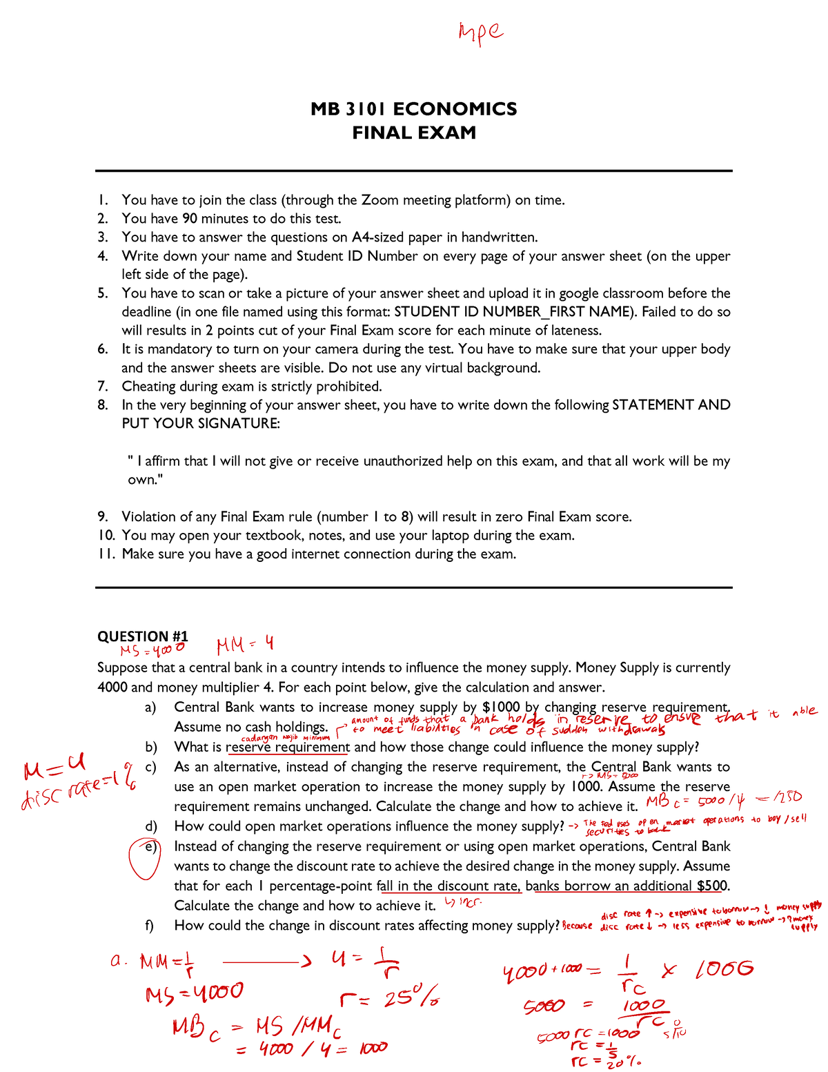 MB 3101 Economics - Final Exam - MB 3101 ECONOMICS FINAL EXAM You Have ...