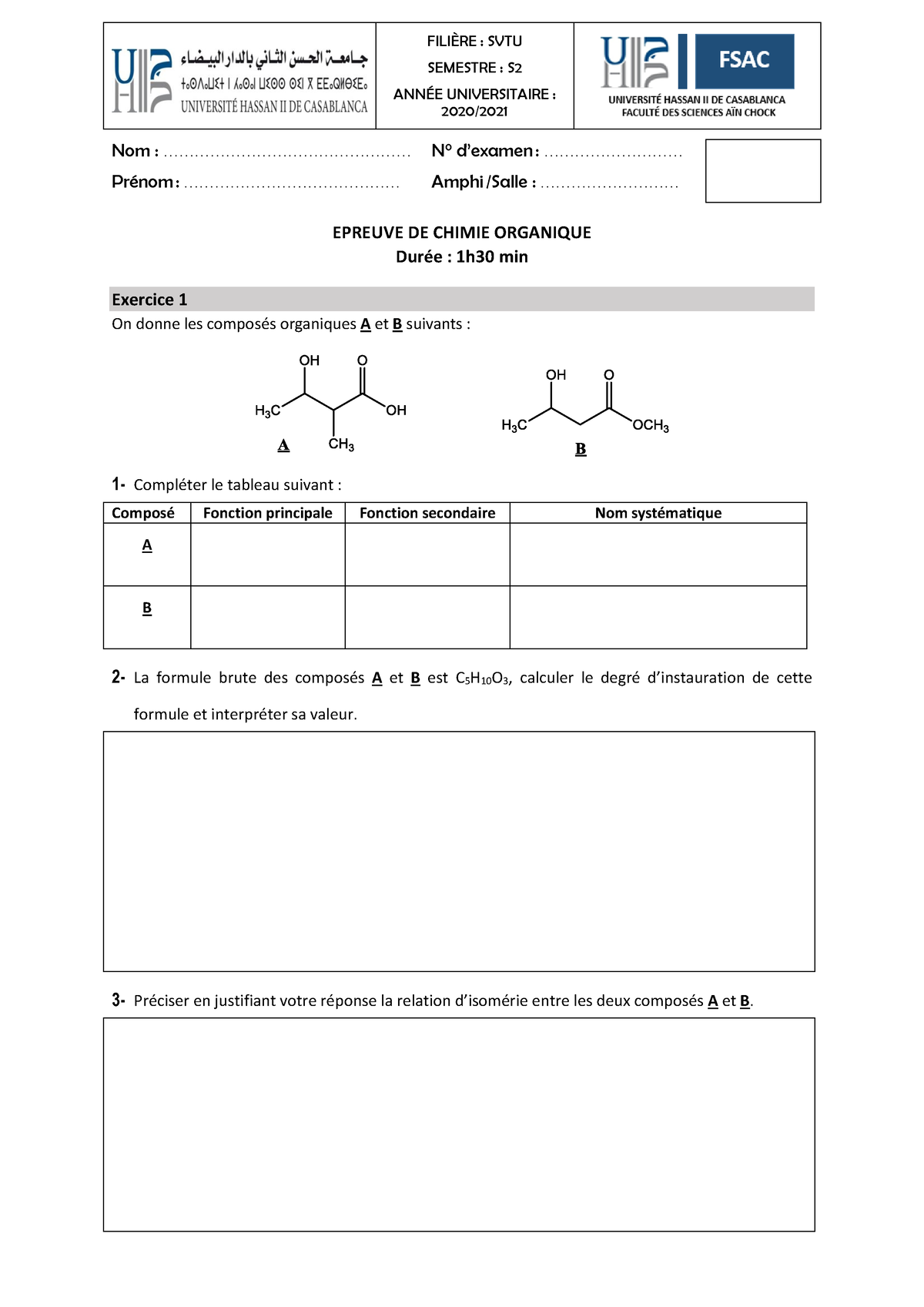 Examen Chimie Organique SVTU S2 20 21 - FILIÈRE : SVTU SEMESTRE : S ...