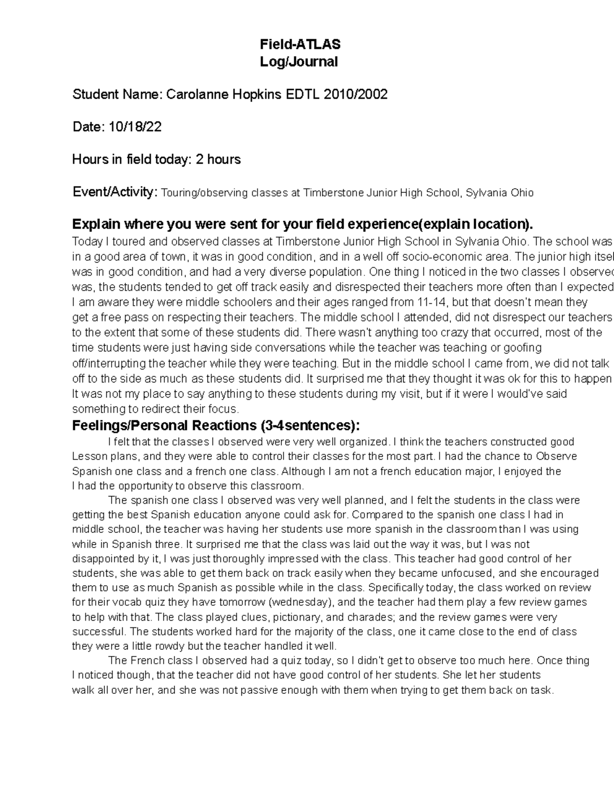 Field work experience #1 - Field-ATLAS Log/Journal Student Name ...