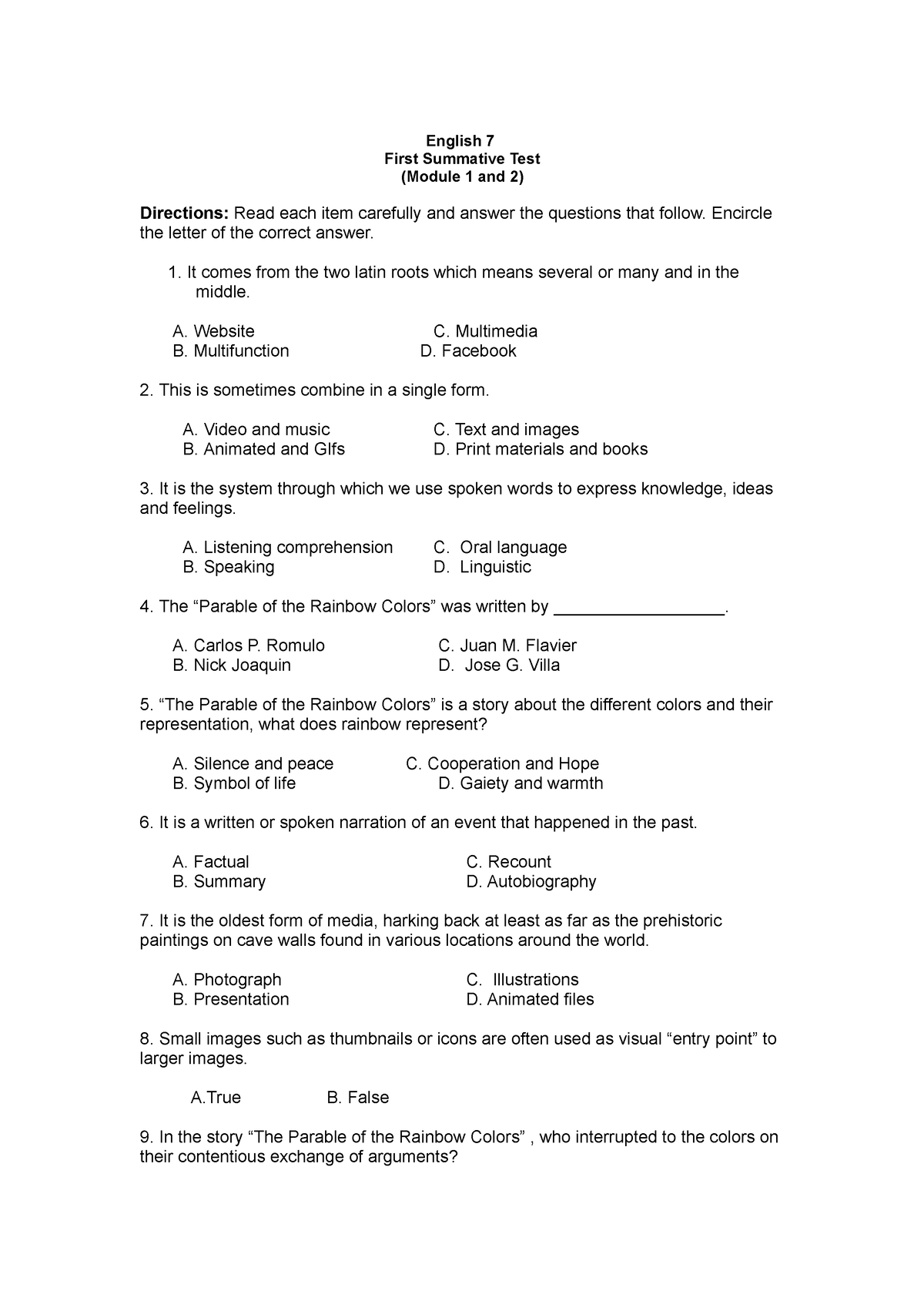 Summative Test 3rd Quarter English 7 First Summative Test Module 1 And 2 Directions Read 6487