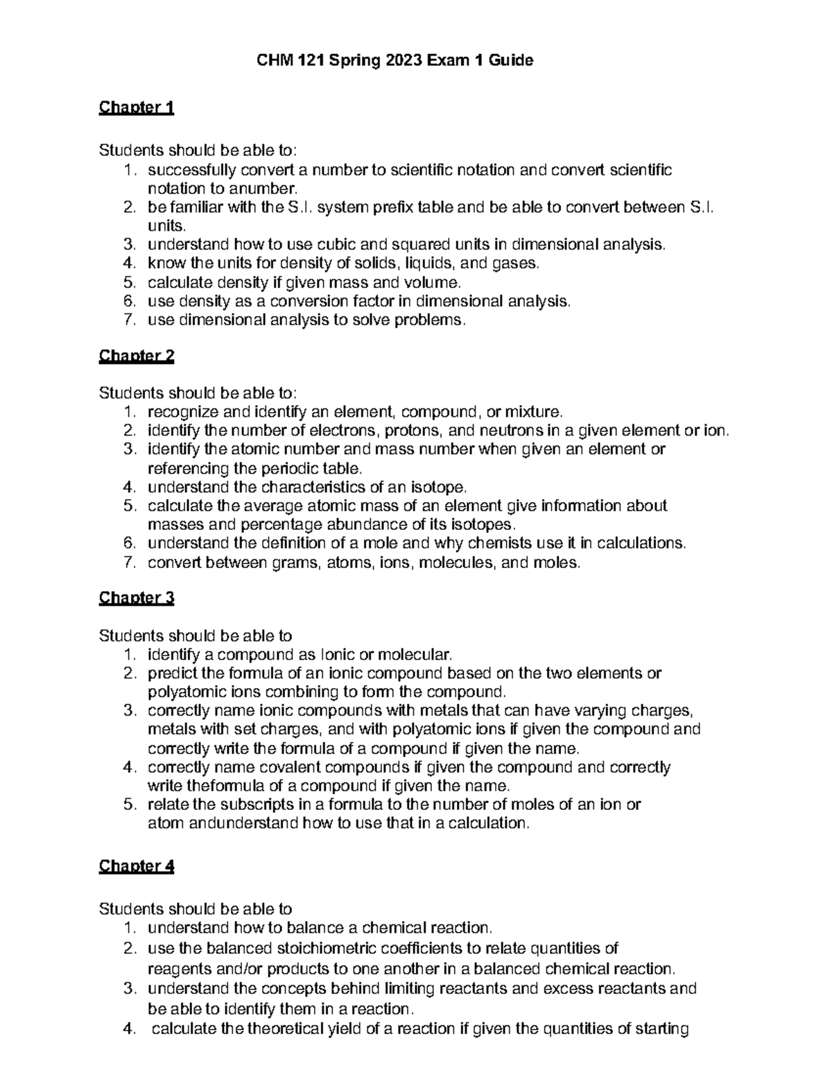 CHM 121 Spring 2023 Exam 1 Guide CHM 121 Spring 2023 Exam 1 Guide Chapter 1 Students should be