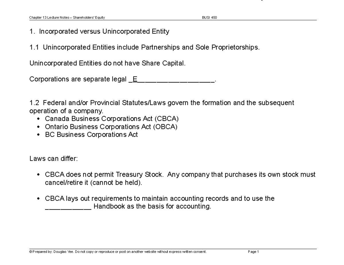 04 Lecture Notes Lo Chapter 13 Equity Incorporated versus