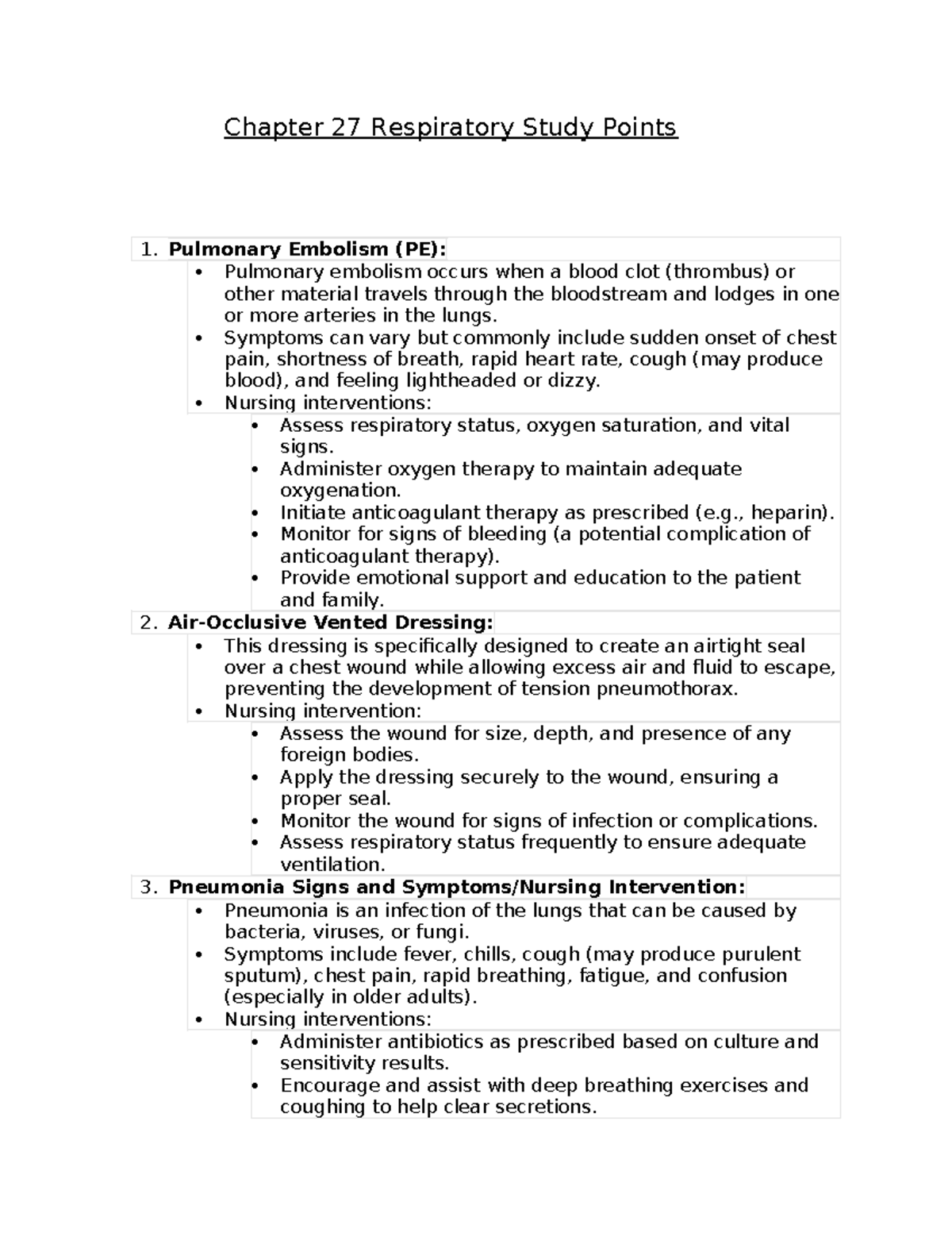 Chapter 27 Respiratory - Chapter 27 Respiratory Study Points 1 ...