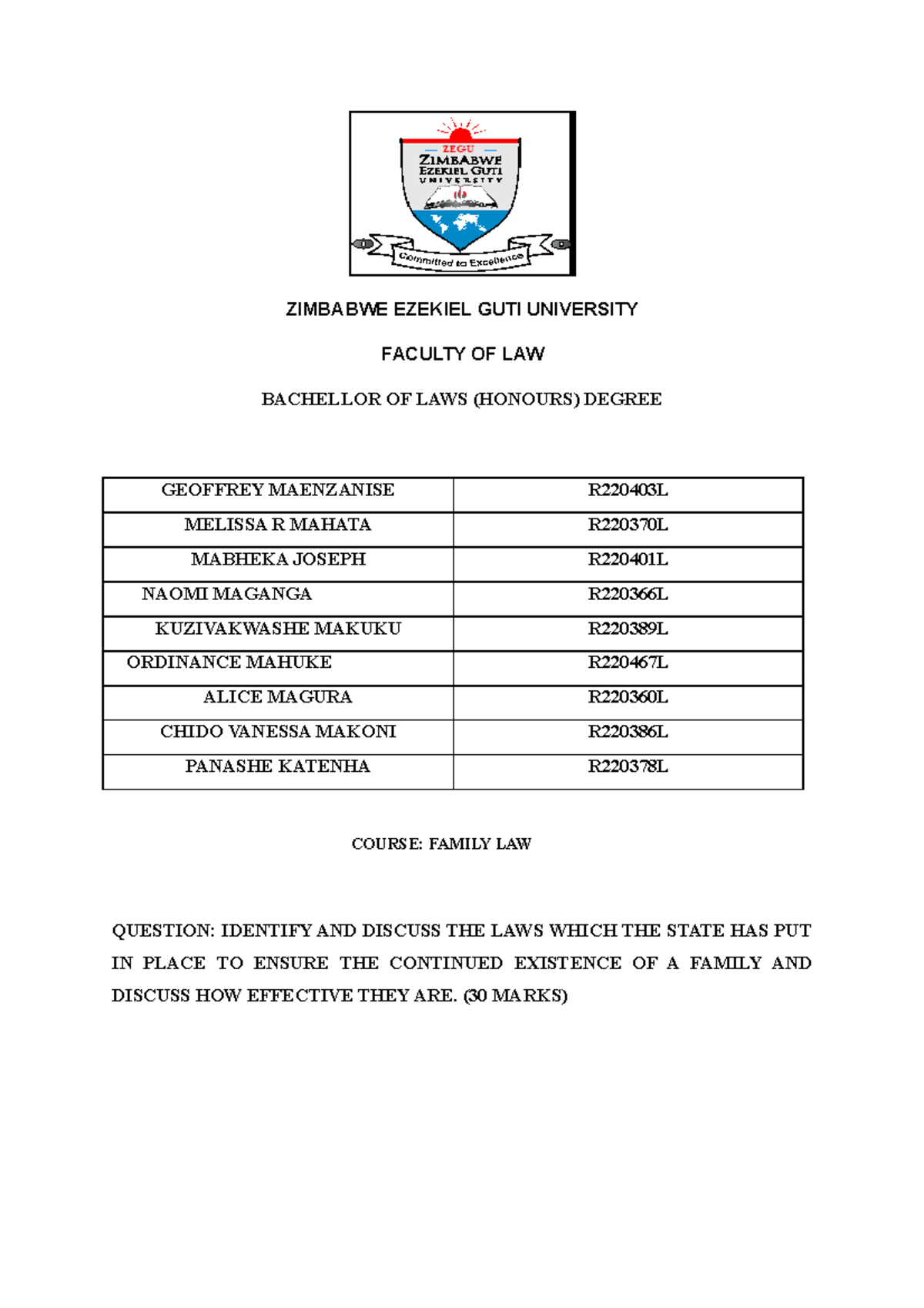 Family LAW Group 3 Assignment ZIMBABWE EZEKIEL GUTI UNIVERSITY