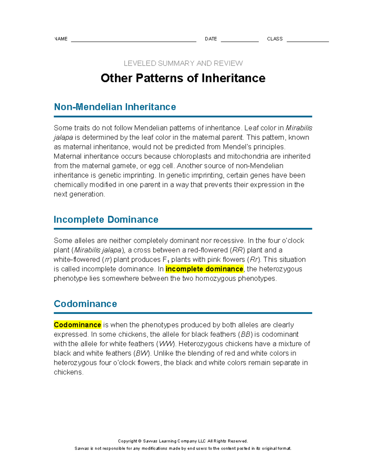Leveled Summary - Other Patterns of Inheritance - LEVELED SUMMARY AND ...