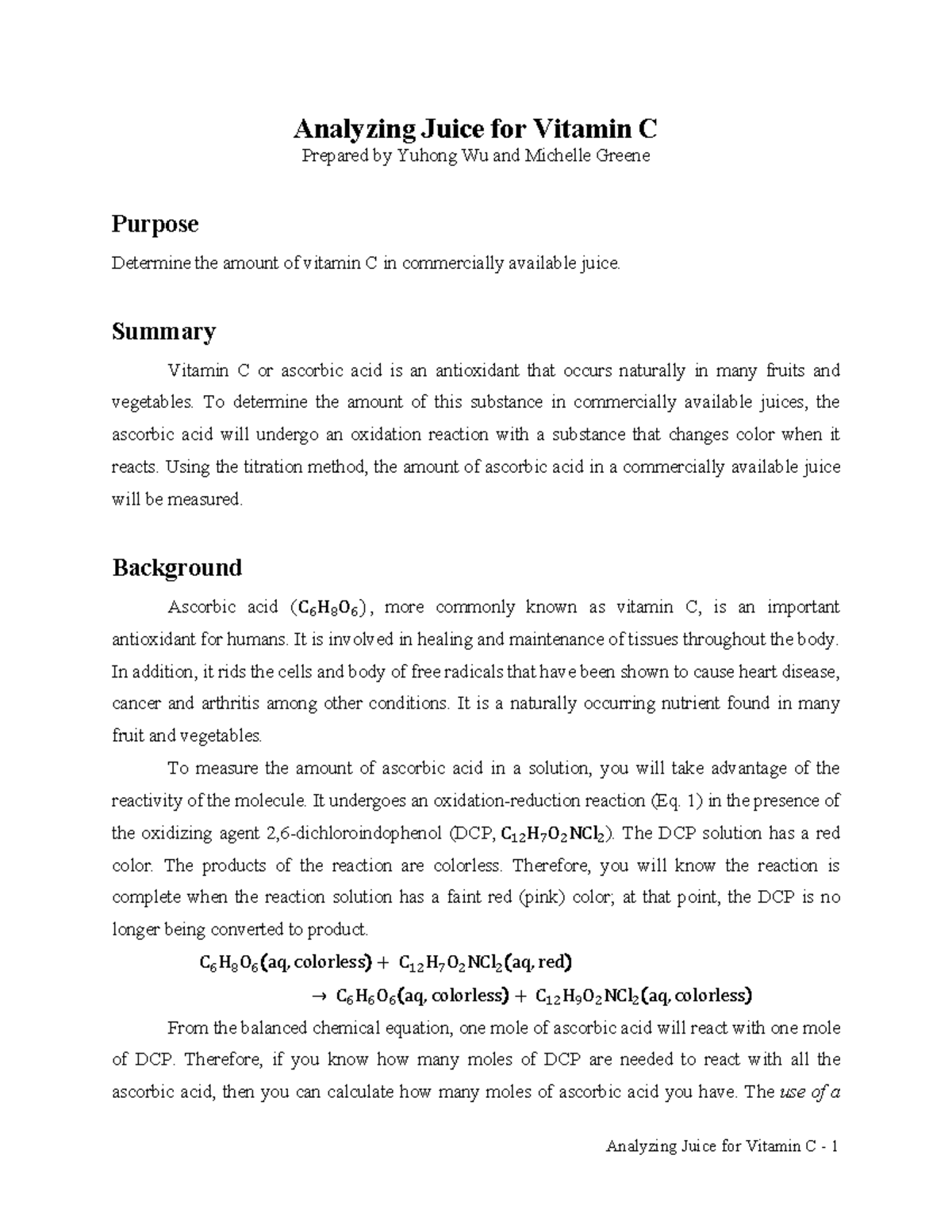 Exp 4 Vitamin C lab Lecture notes 1 Analyzing Juice for Vitamin C