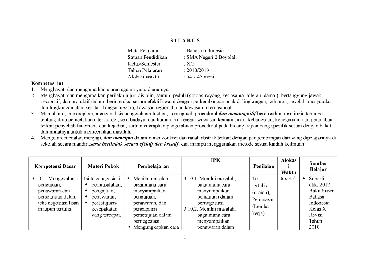 Silabus B. IND Kelas X Semester 2 - Bahasa Indonesia - SMA Negeri 10 ...