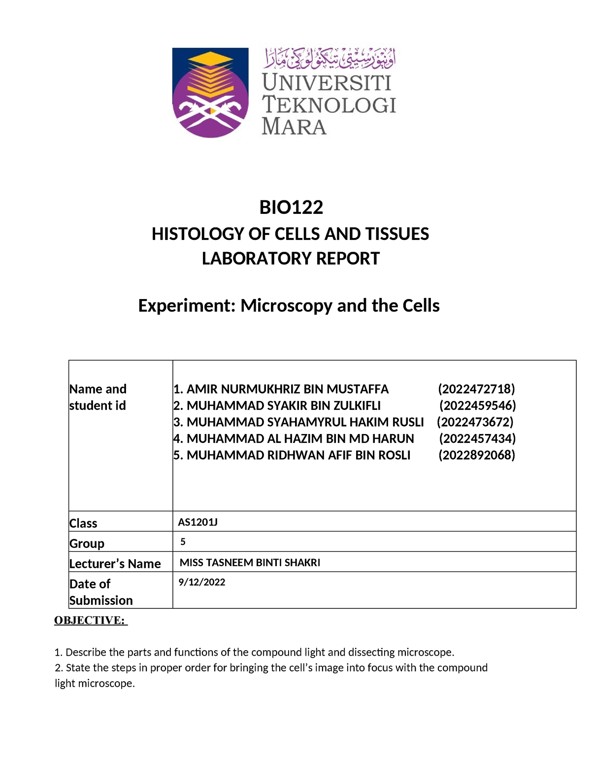 BIO122 HISTOLOGY OF CELLS AND TISSUES LABORATORY REPORT - BIO HISTOLOGY ...