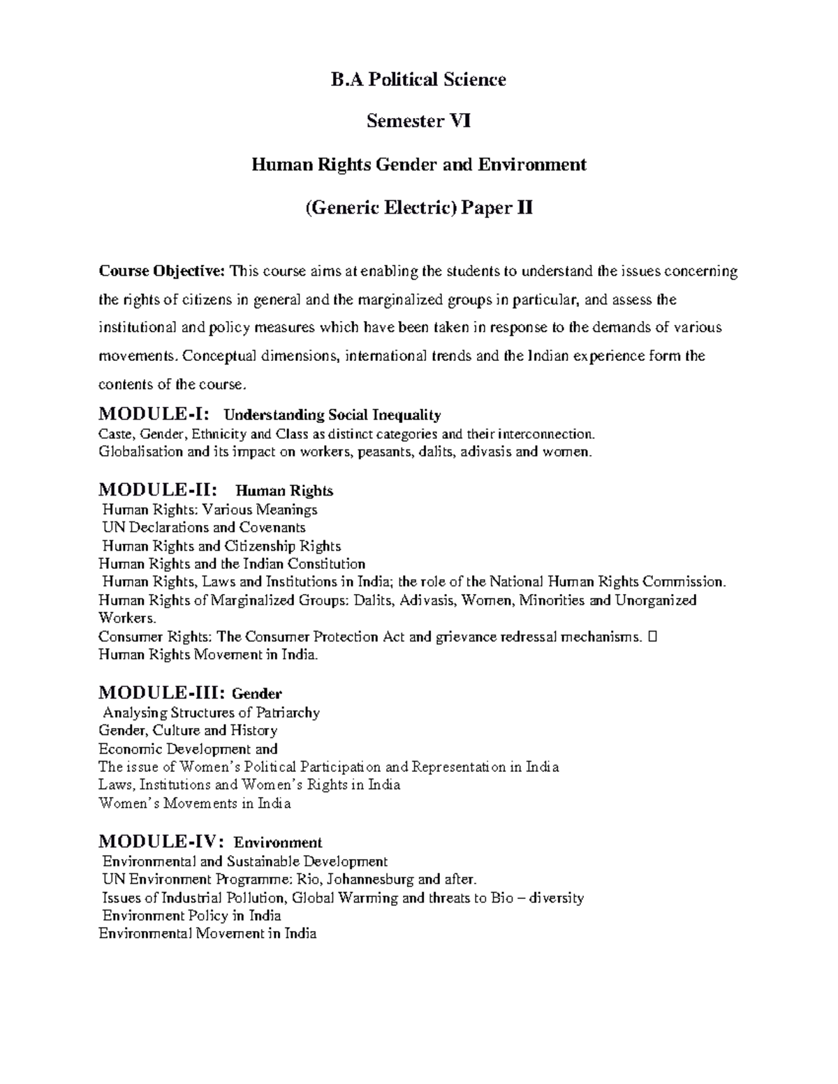 Human Rights - B Political Science Semester VI Human Rights Gender and ...