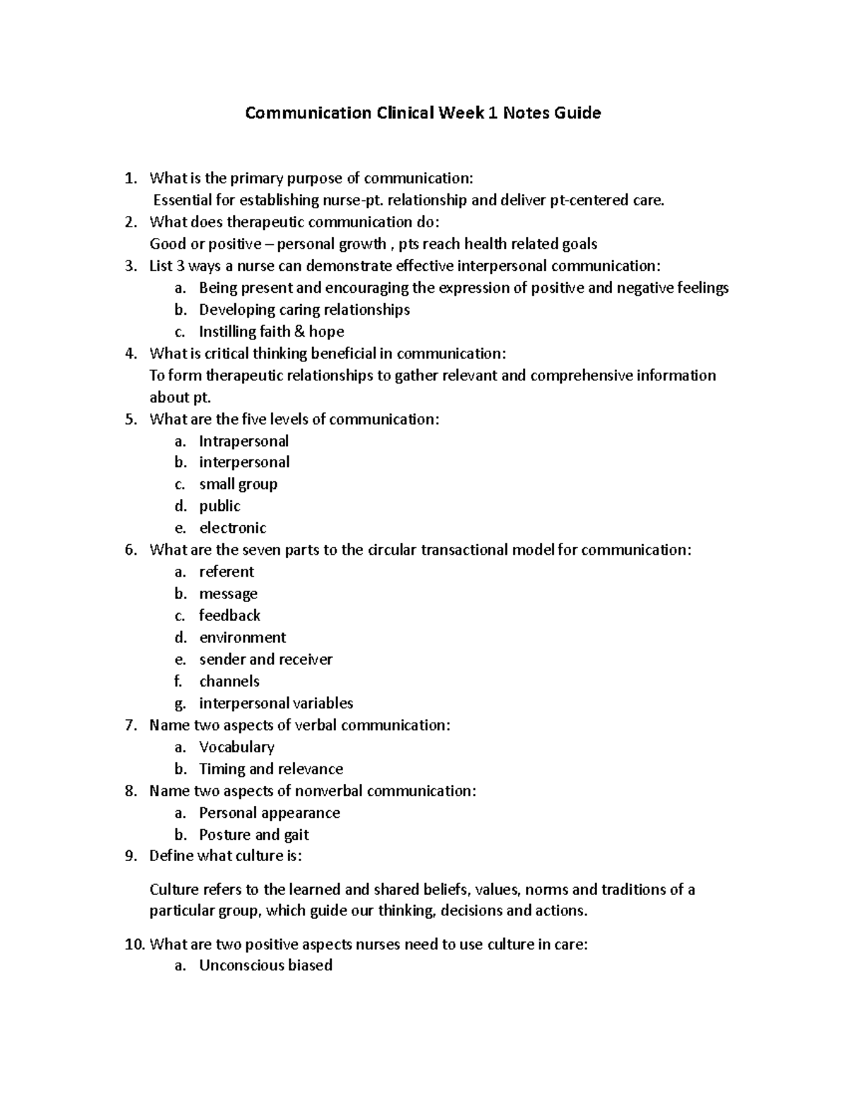 Communication Clinical Week 1 Notes Guide - relationship and deliver pt ...