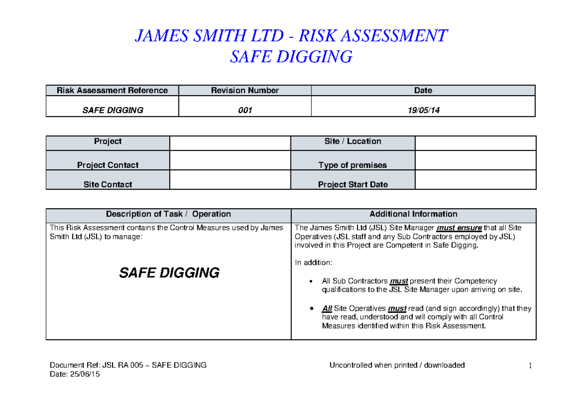 JSL RA 005 - SAFE Digging - SAFE DIGGING ####### Document Ref: JSL RA ...