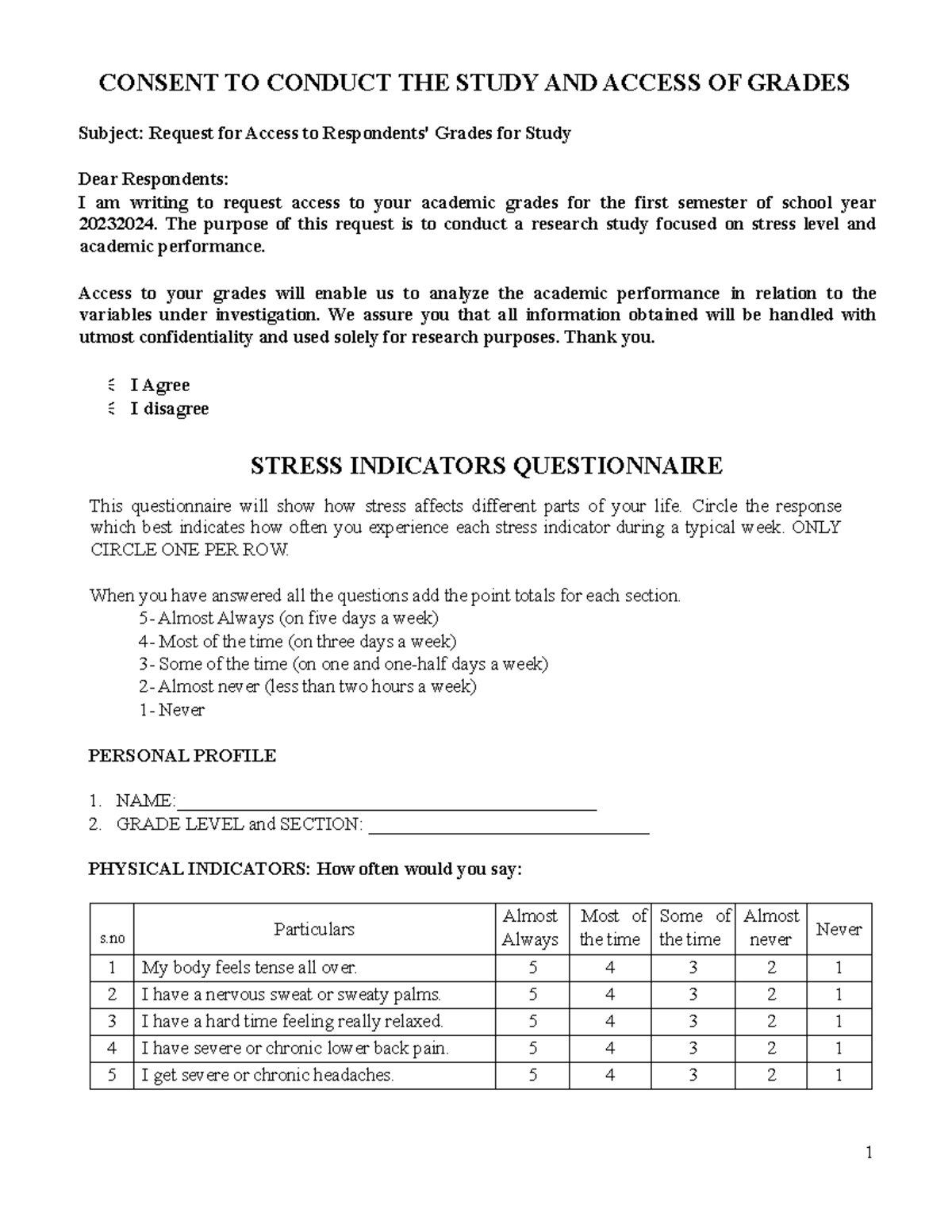 Stress Indicators Questionnaire-1 - CONSENT TO CONDUCT THE STUDY AND ...