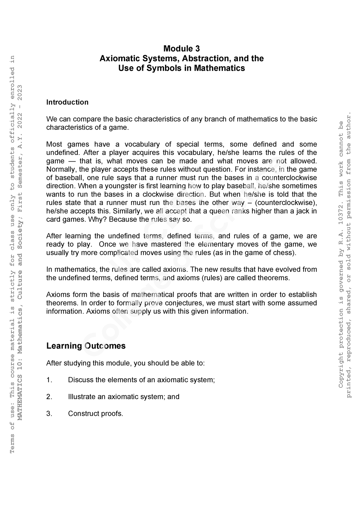 MATH 10 Module 3 Axiomatic Systems - Module 3 Axiomatic Systems ...