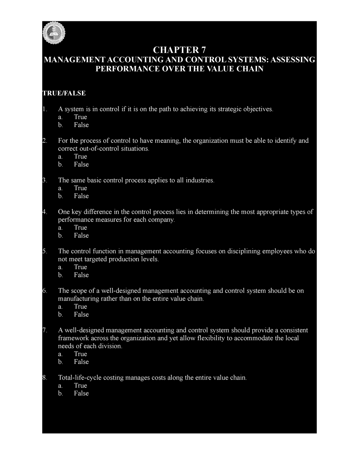 CHAP 07 - MANAGEMENT ACCOUNTING PRACTICE TEST CHAPTER 7 - Managerial ...