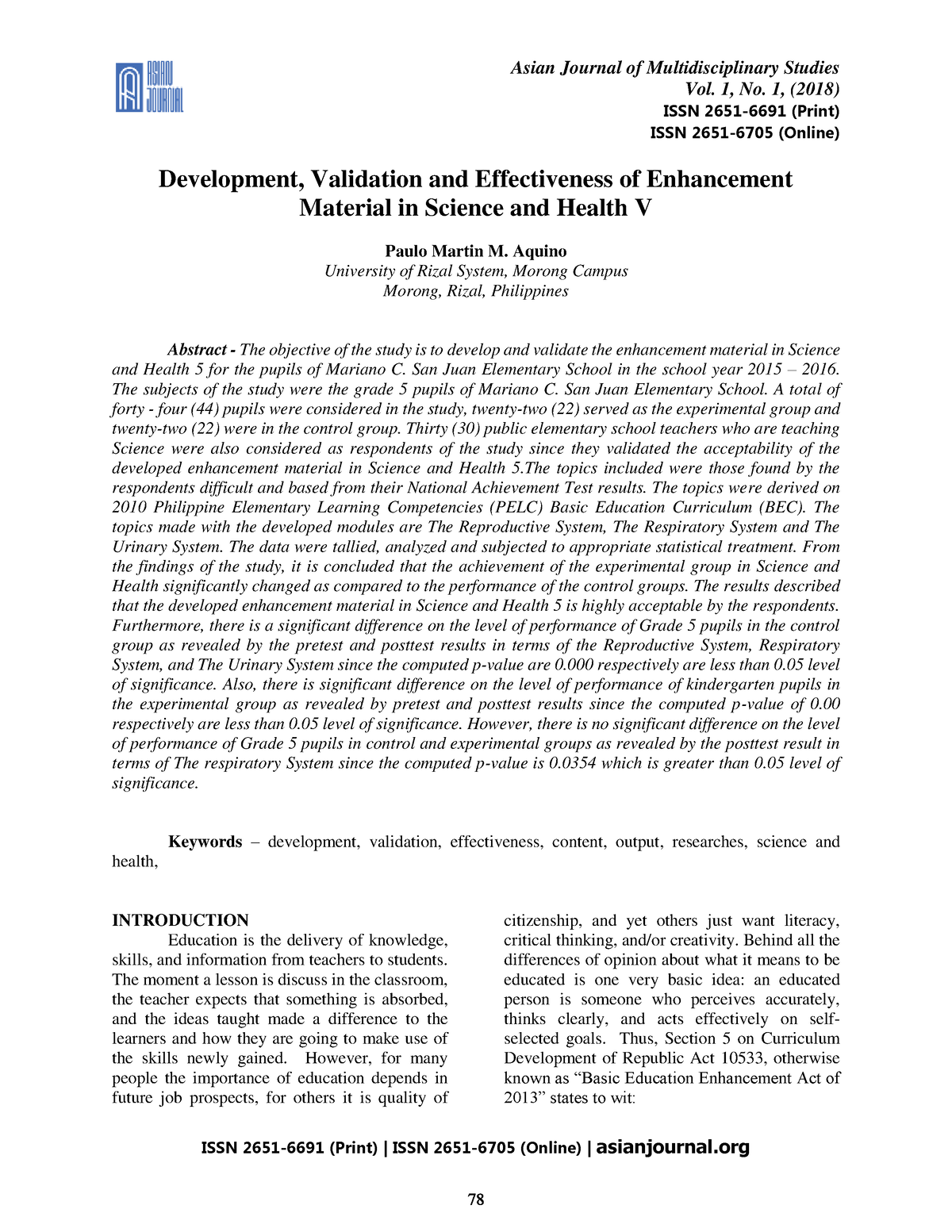 Development, Validation And Effectiveness Of Enhancement - Vol. 1, No ...