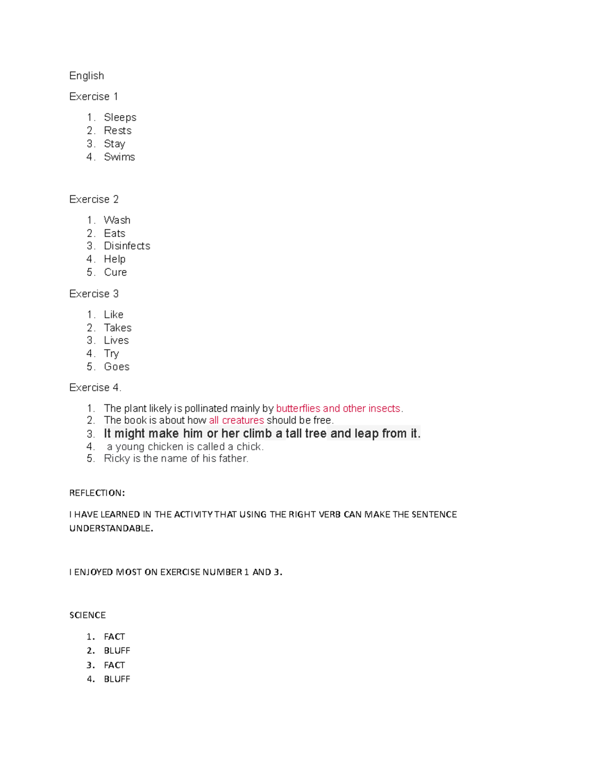 Module WALA LANG HHAHAHAHA - English Exercise 1 Sleeps Rests Stay Swims ...