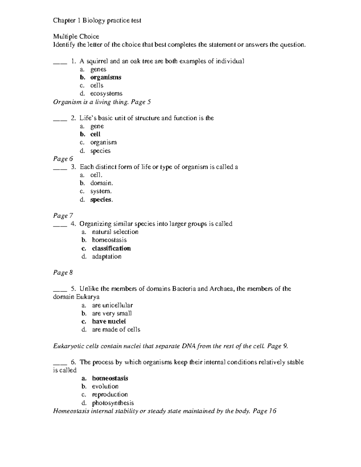 Biology Chapter 1 practice test answers Chapter 1 Biology practice
