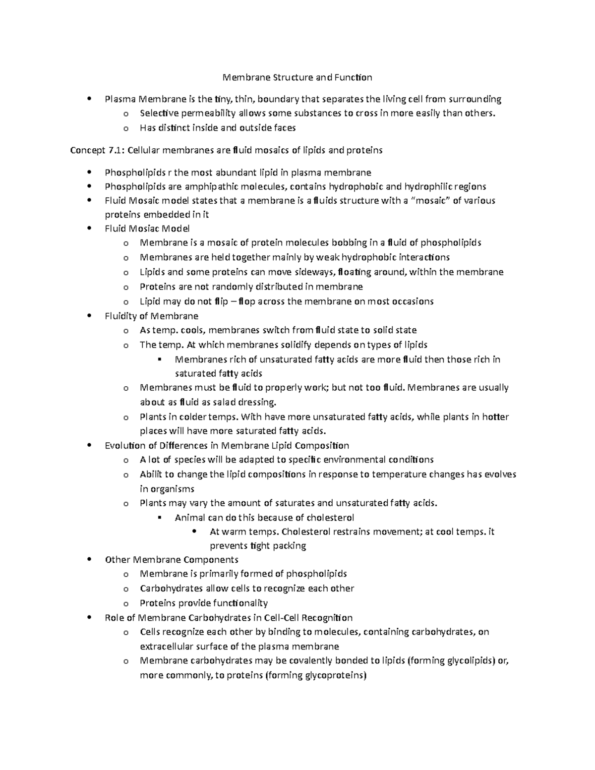 Bio Chp. 7 Notes - Membrane Structure and function - Membrane Structure ...