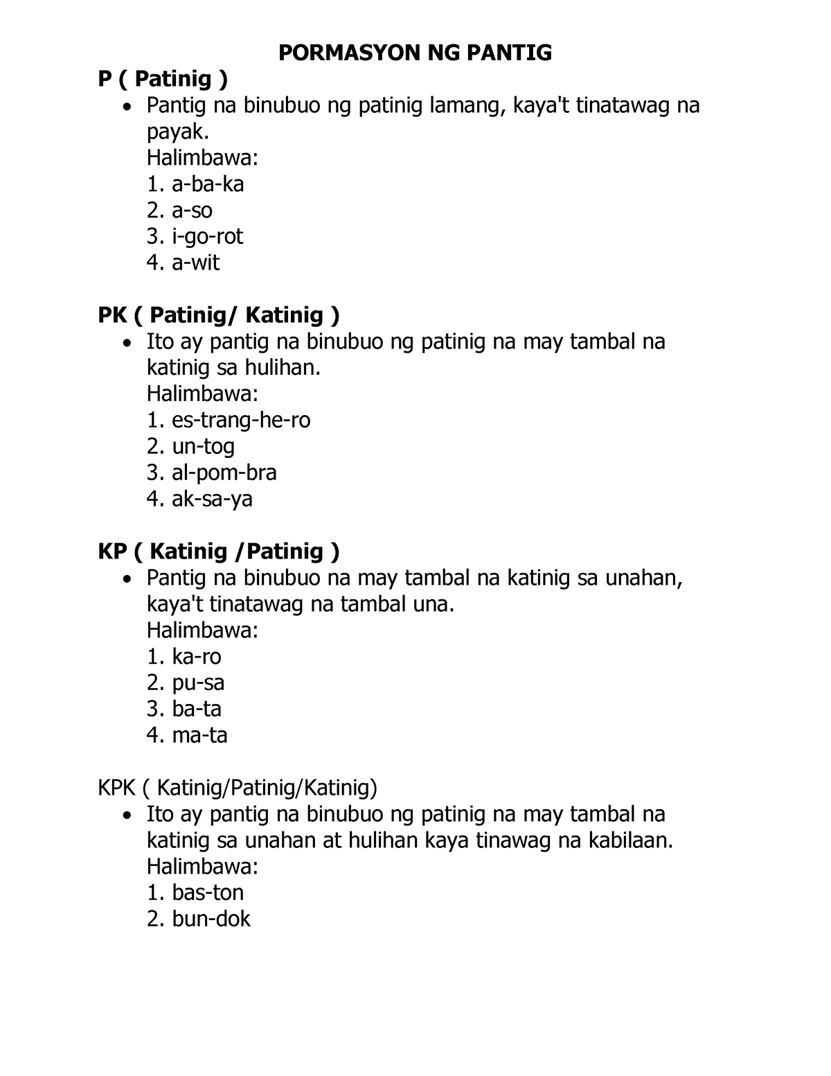 Pormasyon ng Pantig - Makabuluhang Pagkatuto sa Filipino - PORMASYON NG ...