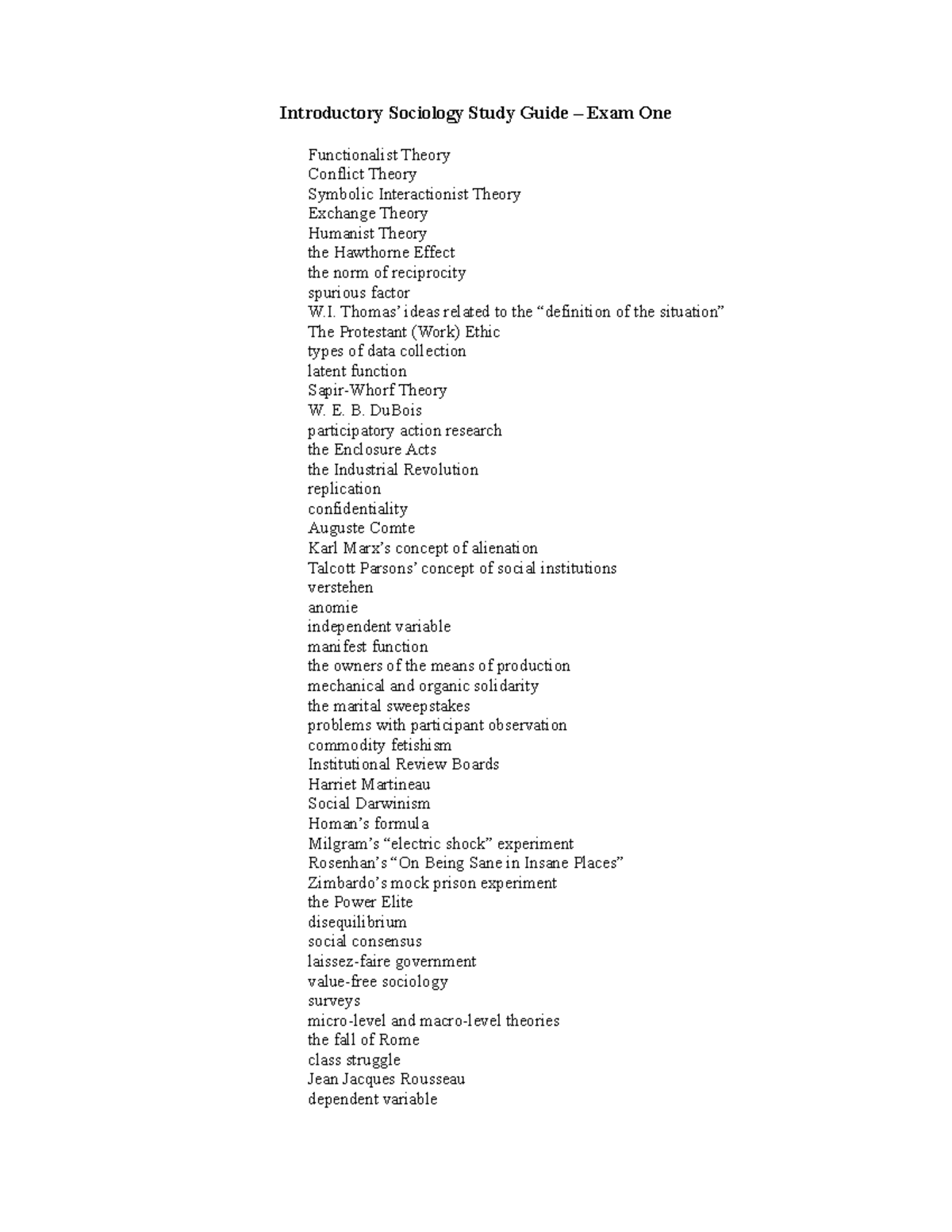 Study Guide - Intro Exam 1 - Introductory Sociology Study Guide Exam ...