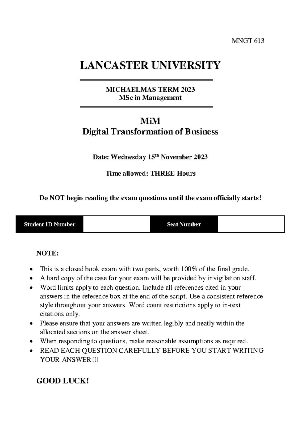 Sample Exam Script MNGT 613 LANCASTER UNIVERSITY MICHAELMAS TERM 2023