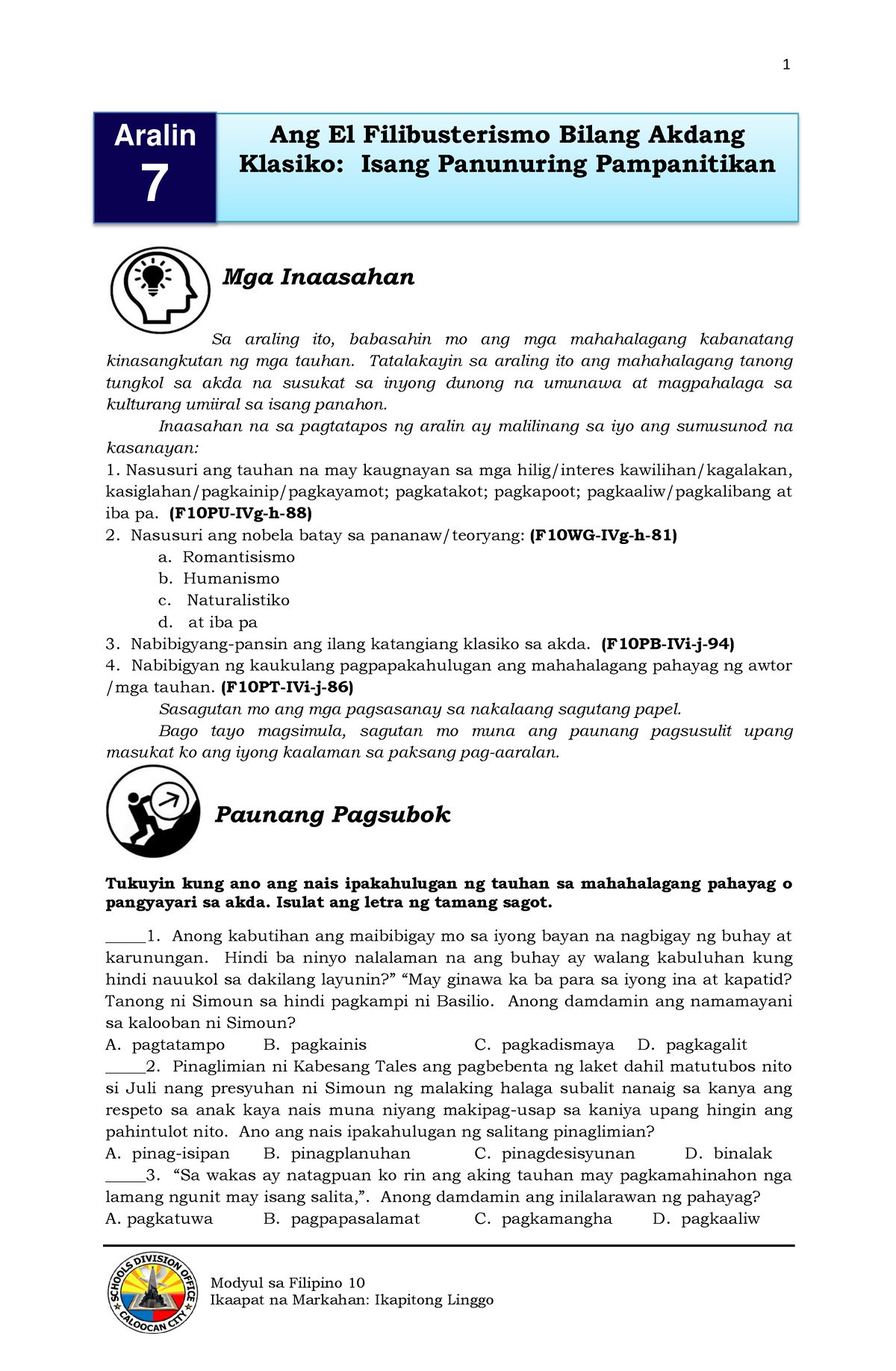 Filipino 10 Q4 Week 7 - Kdjueuwj - Modyul Sa Filipino 10 Sa Araling Ito ...