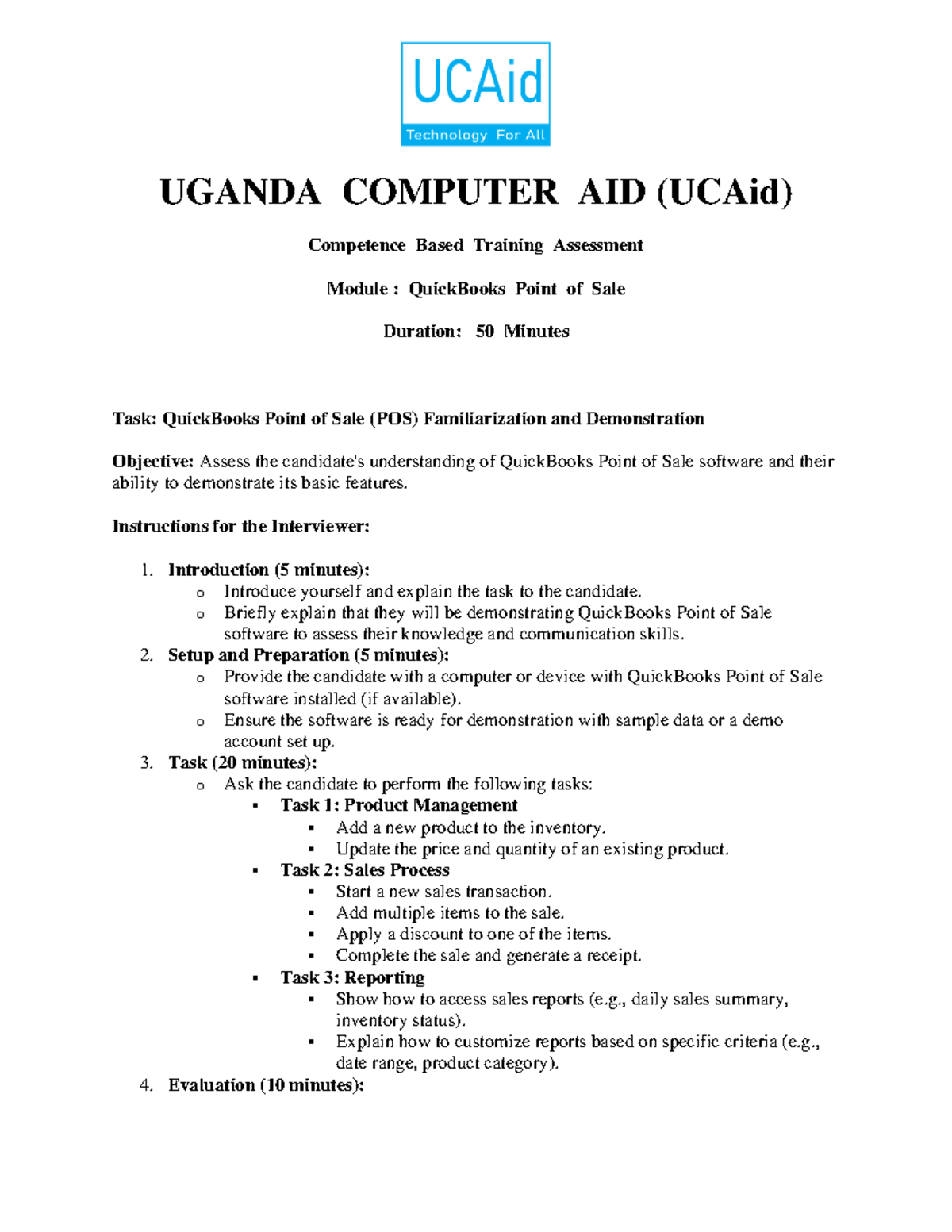 Quick Books Assement - UGANDA COMPUTER AID (UCAid) Competence Based ...