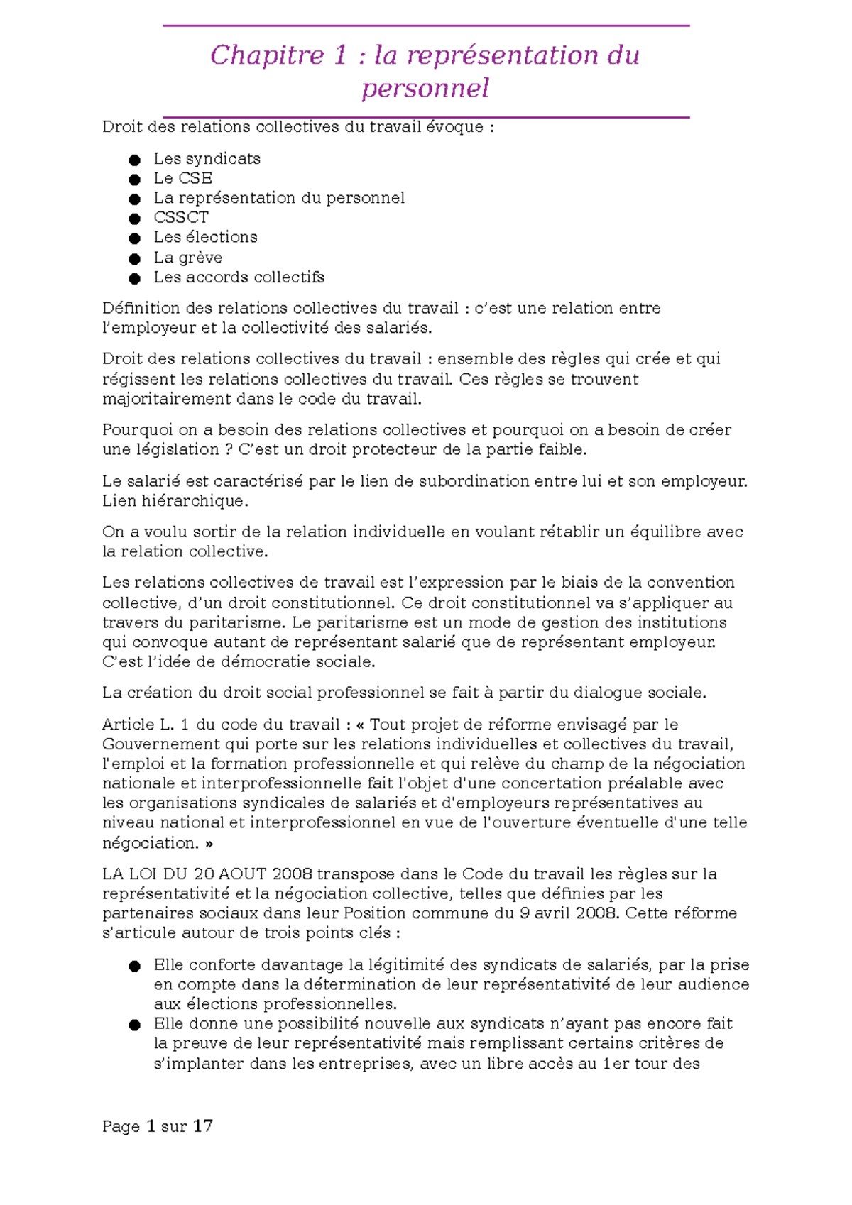 Chapitre 1 La Représentation Du Personnel Chapitre 1 La