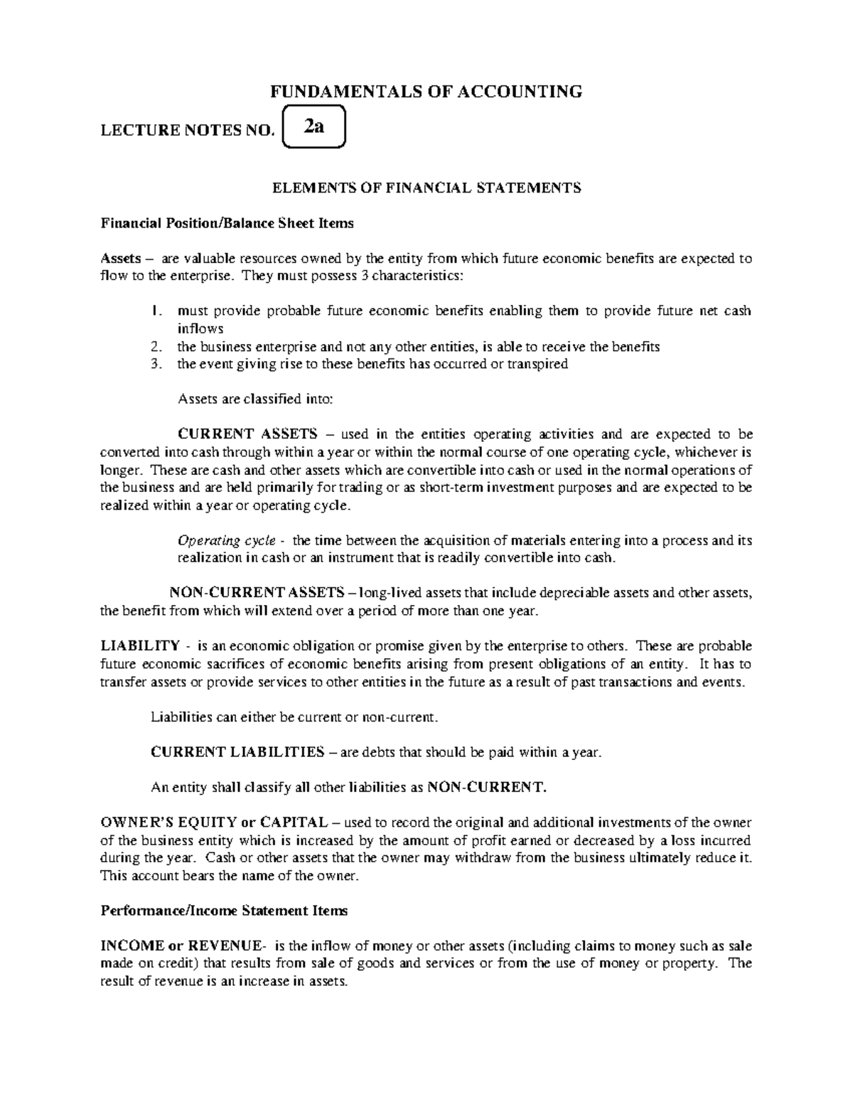 Lecture 2a Elements OF Financial Statements - FUNDAMENTALS OF ...