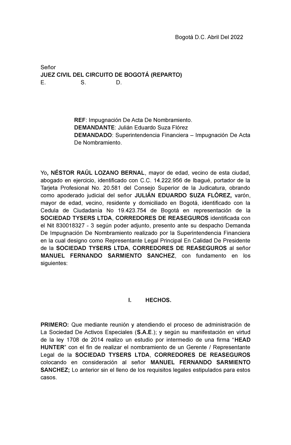 Demanda Impugnacion ACTA DE Nombramiento Julian SUZA - Bogotá D. Abril ...