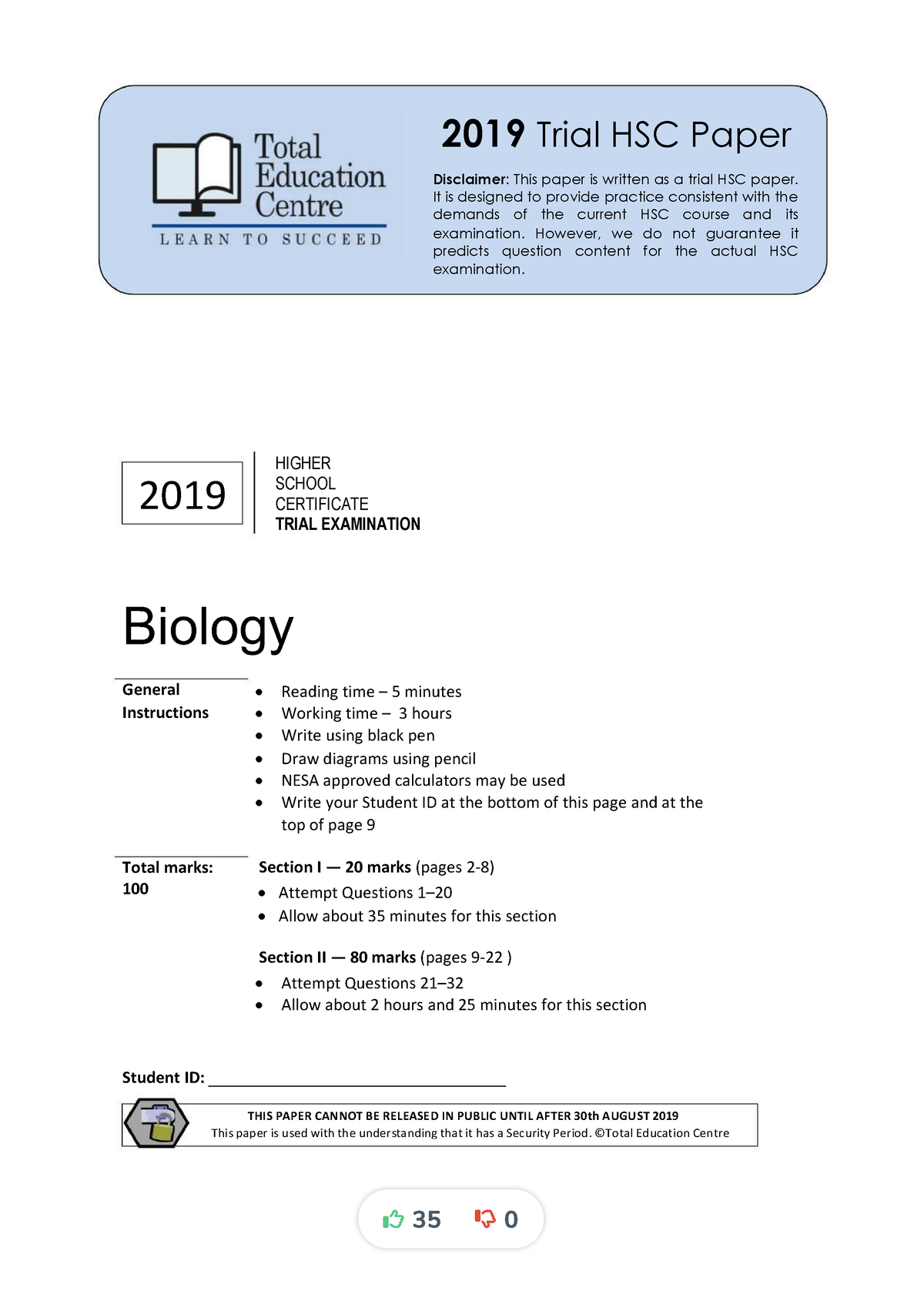 Catholic trials 2019 bio - 2019 Trial HSC Paper Disclaimer: This paper ...