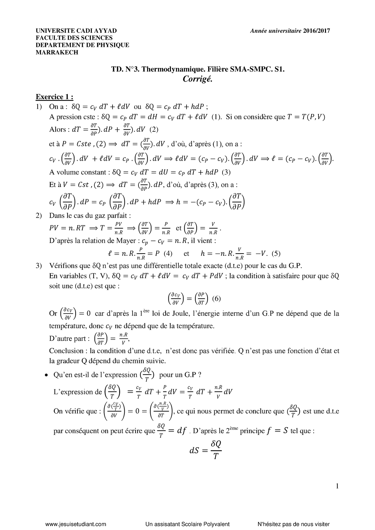 TD 3 Thermodynamique Corrigé - 1 UNIVERSITE CADI AYYAD Année ...