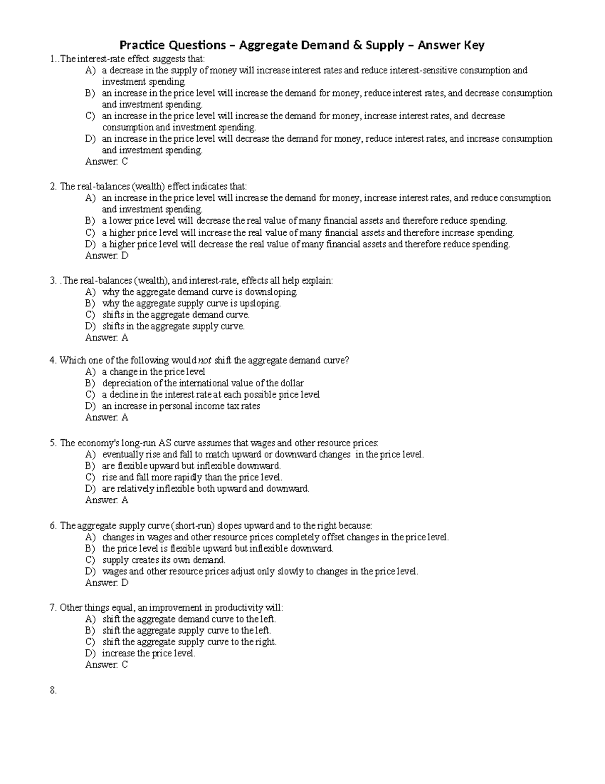 Practice questions - Aggregate Supply andn Demand - Answer Key - 1 ...