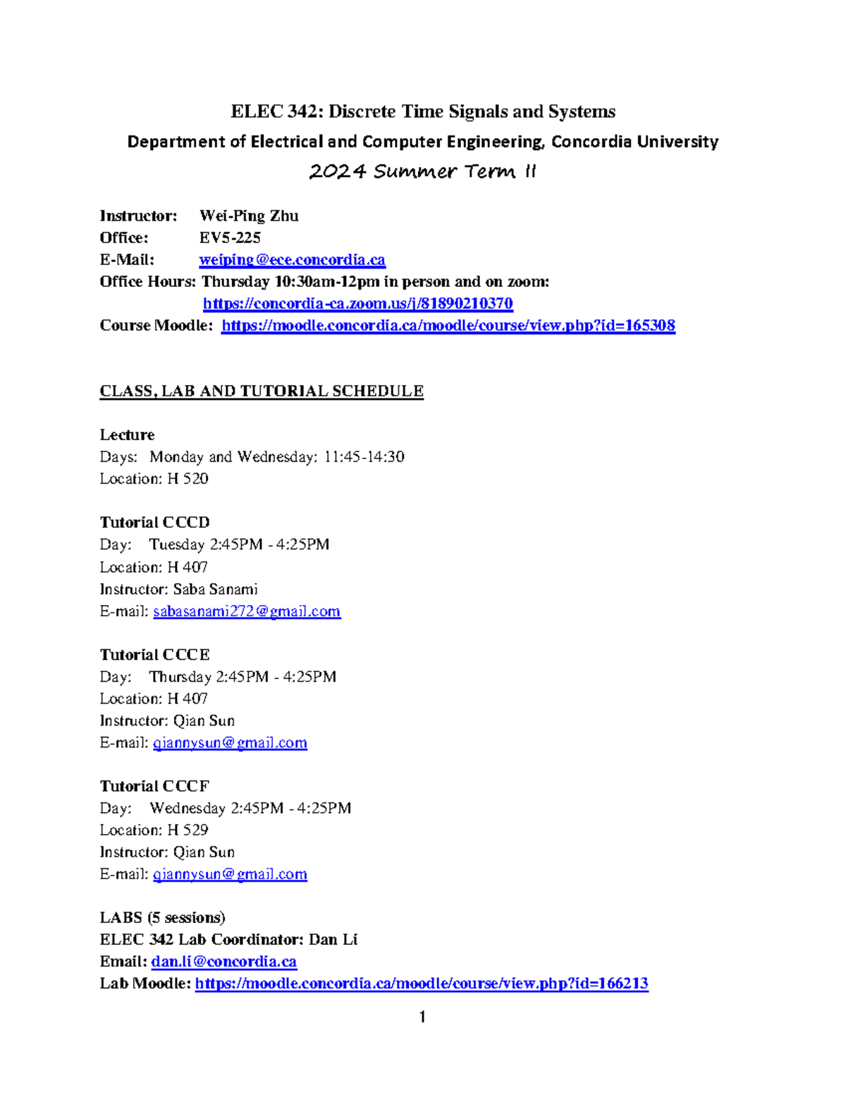 Course Outline ELEC 342 Summer 2024 - ELEC 3 42: Discrete Time Signals ...