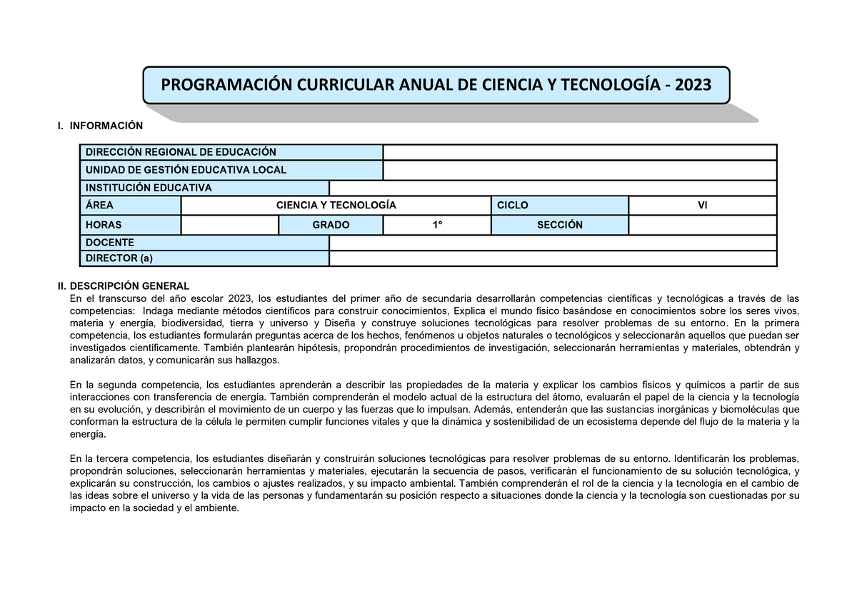 1° Programacion Curricular - I. INFORMACI”N DIRECCI”N REGIONAL DE ...