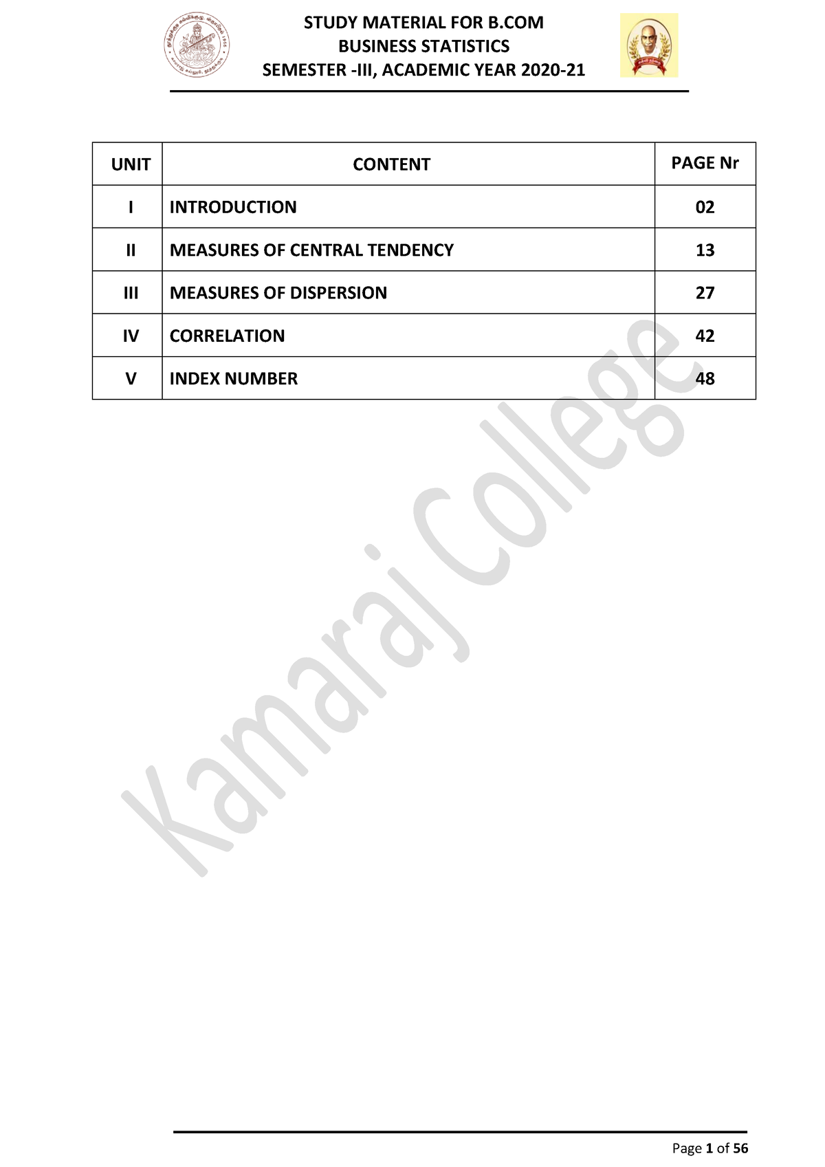 BUSINESS STATISTICS - BUSINESS STATISTICS SEMESTER -III, ACADEMIC YEAR ...