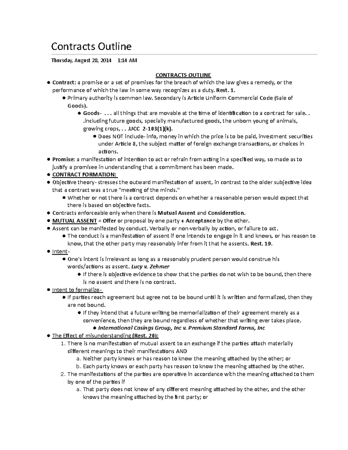 253003810 Law School Contracts Outline - Contracts Outline Thursday ...