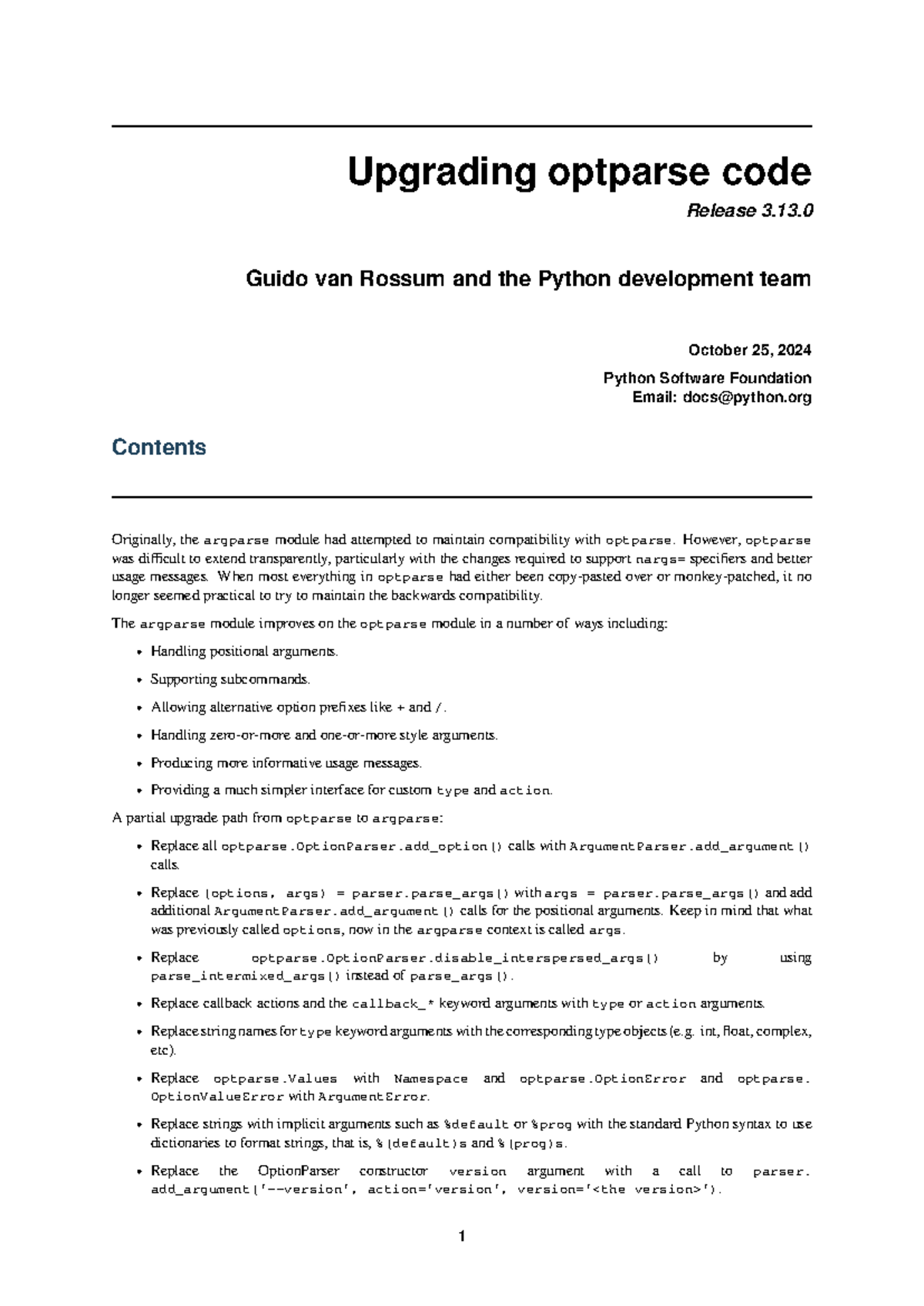 Howto-argparse-optparse - Upgrading optparse code Release 3. Guido van ...