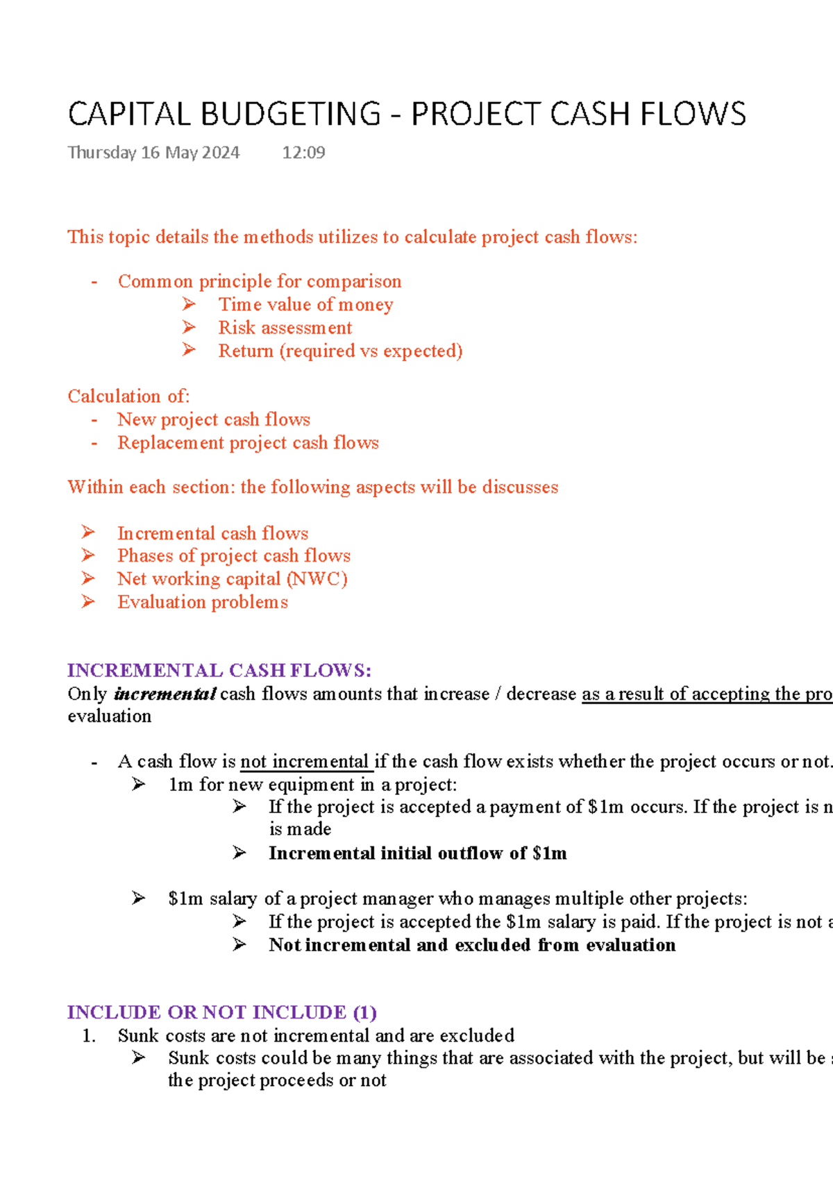 Week 9- Capital Budgeting - Project CASH Flows - This topic details the ...