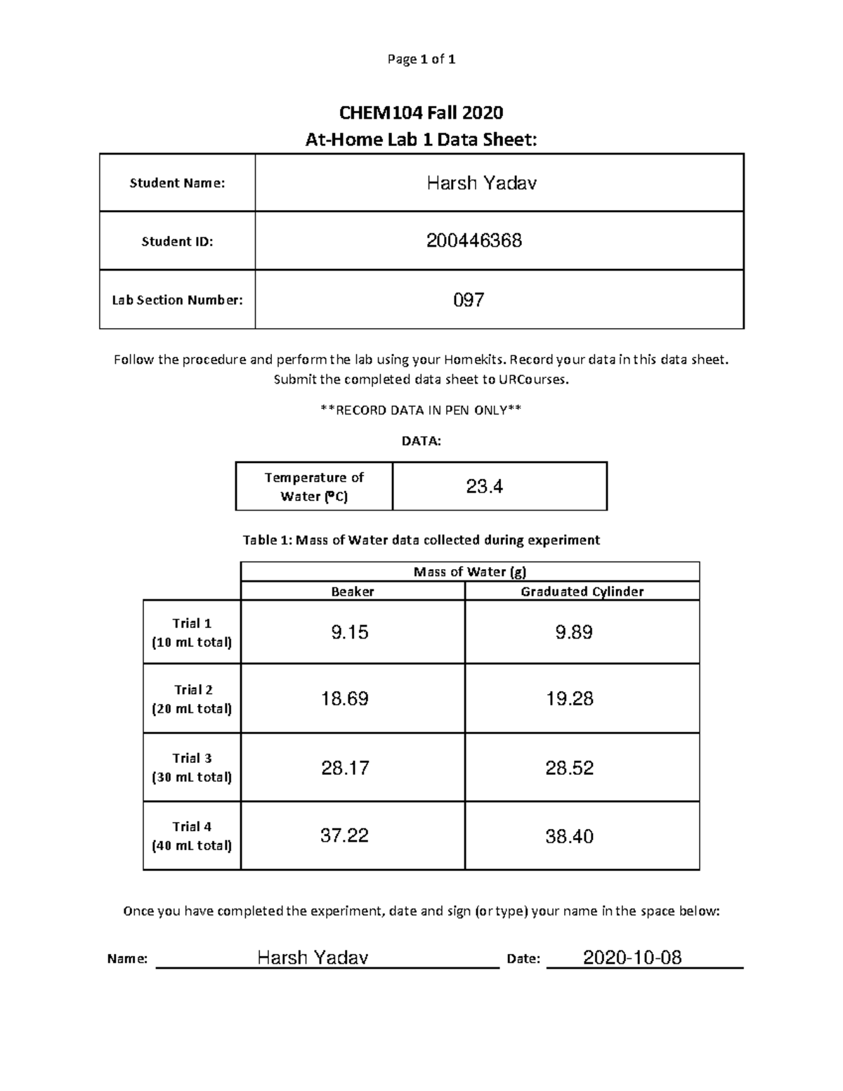 CHEM104 At Home Lab 1 Data Sheet - Page 1 of 1 CHEM104 Fall 2020 At ...