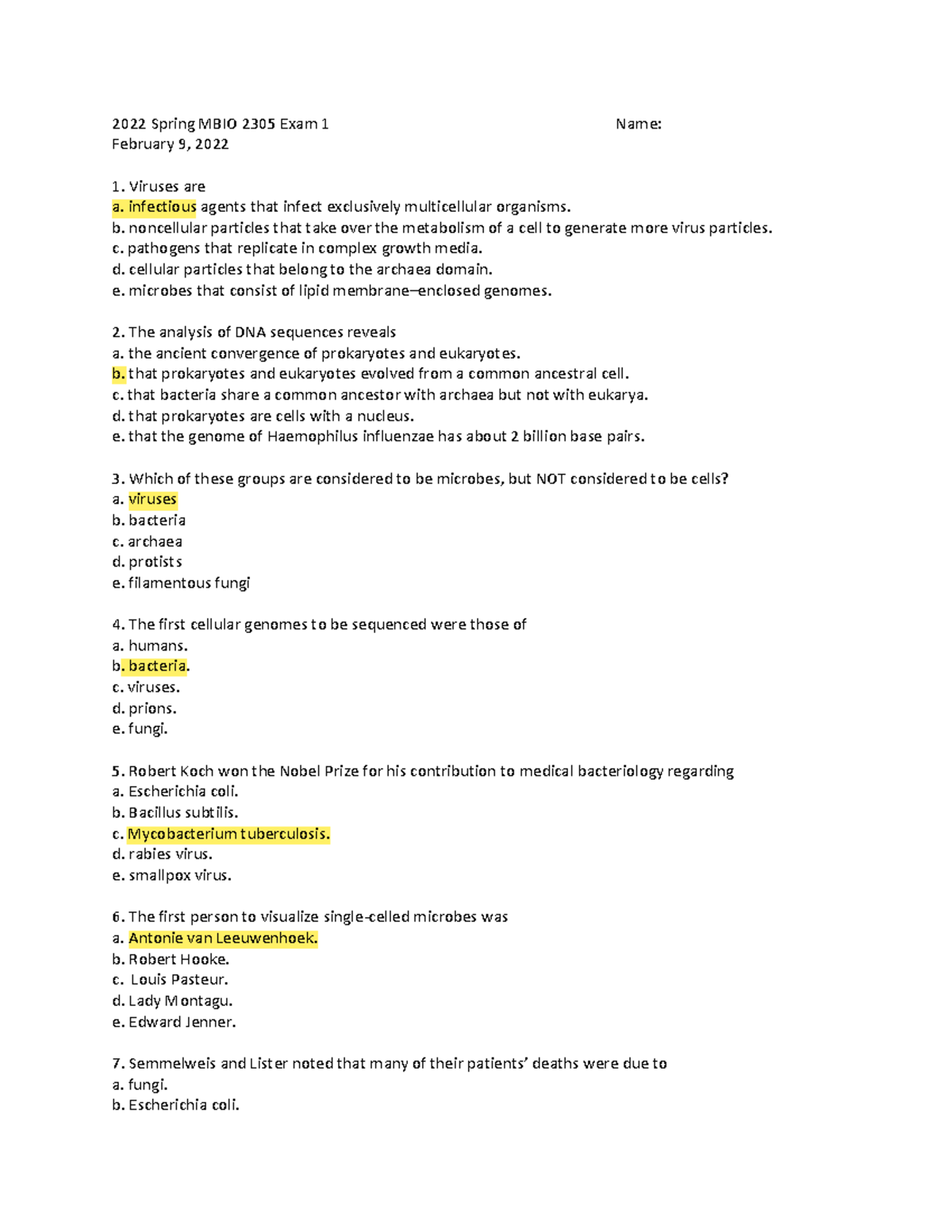 2022 Spring 2305 Exam 1 A Previous Exam 2022 Spring MBIO 2305 Exam