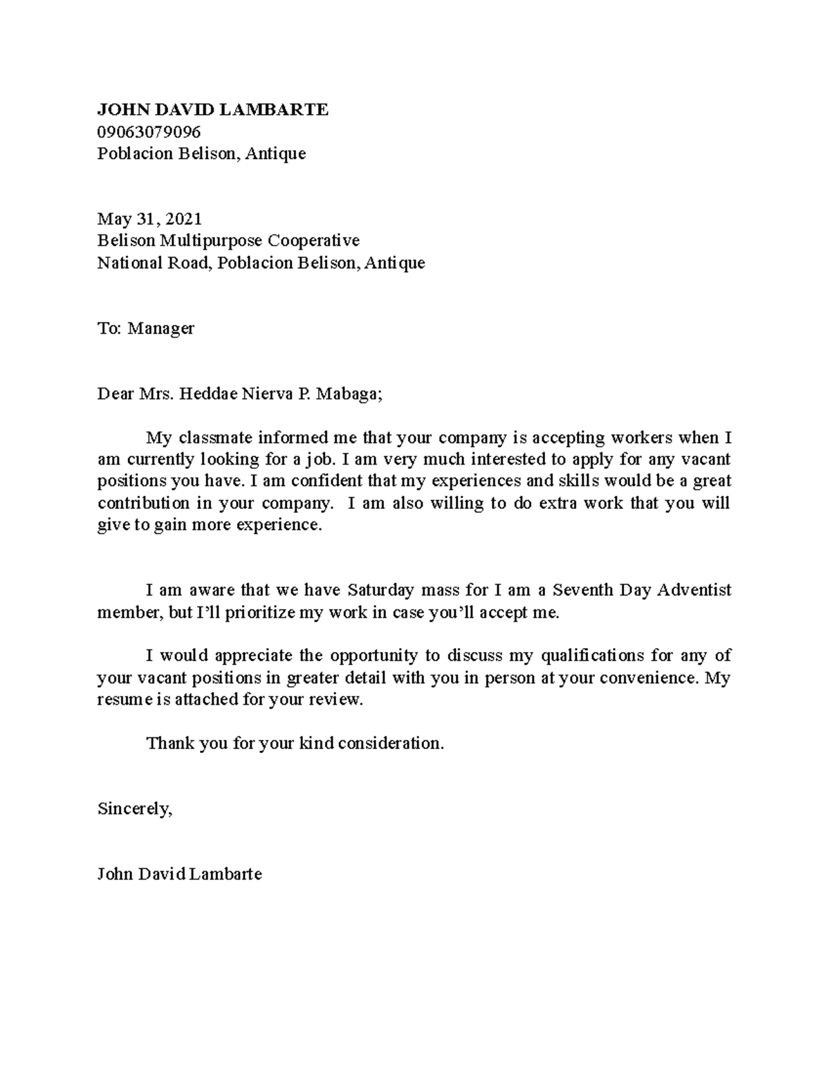 Application HEHE JOHN DAVID LAMBARTE 09063079096 Poblacion Belison