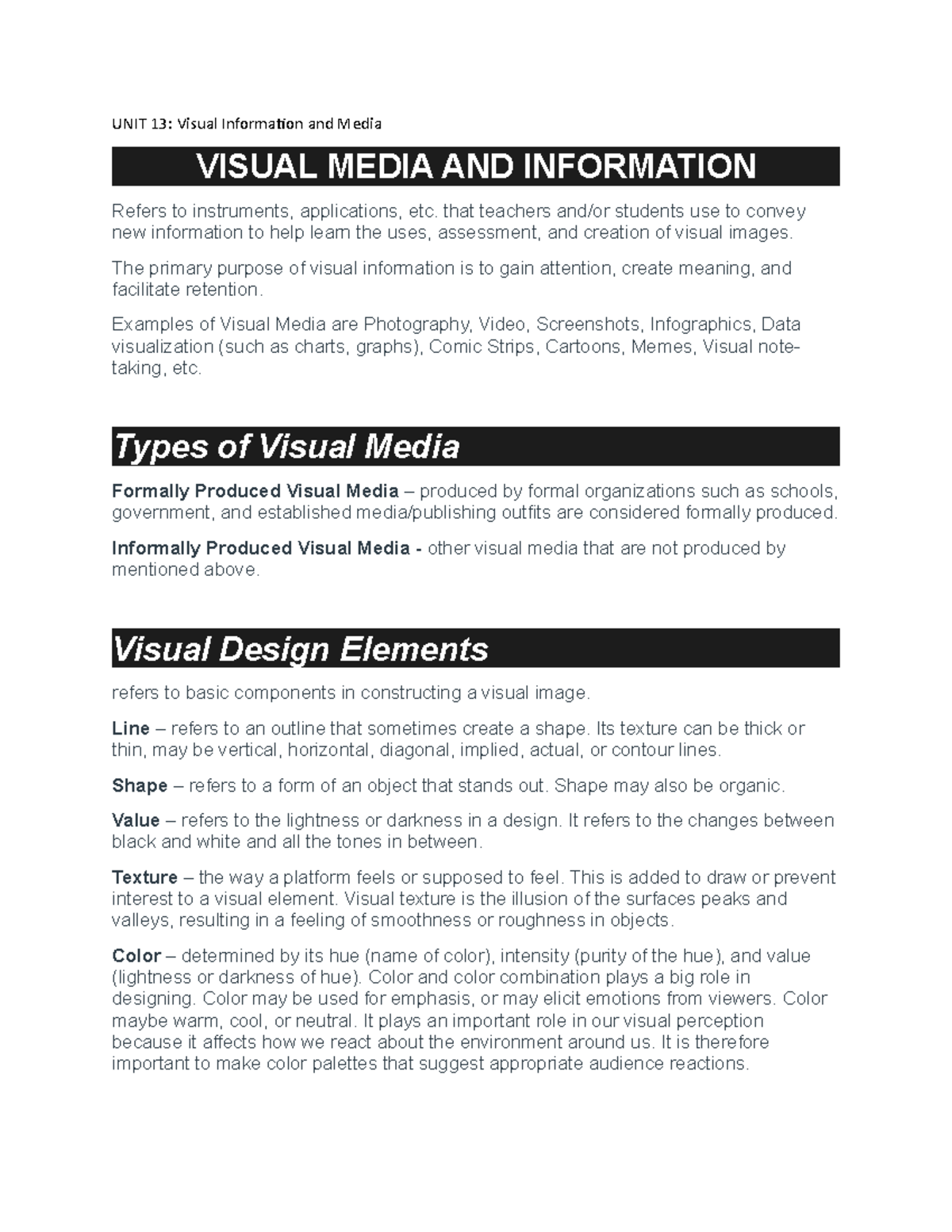 Unit 13 Pe Notes Unit 13 Visual Information And Media Visual Media